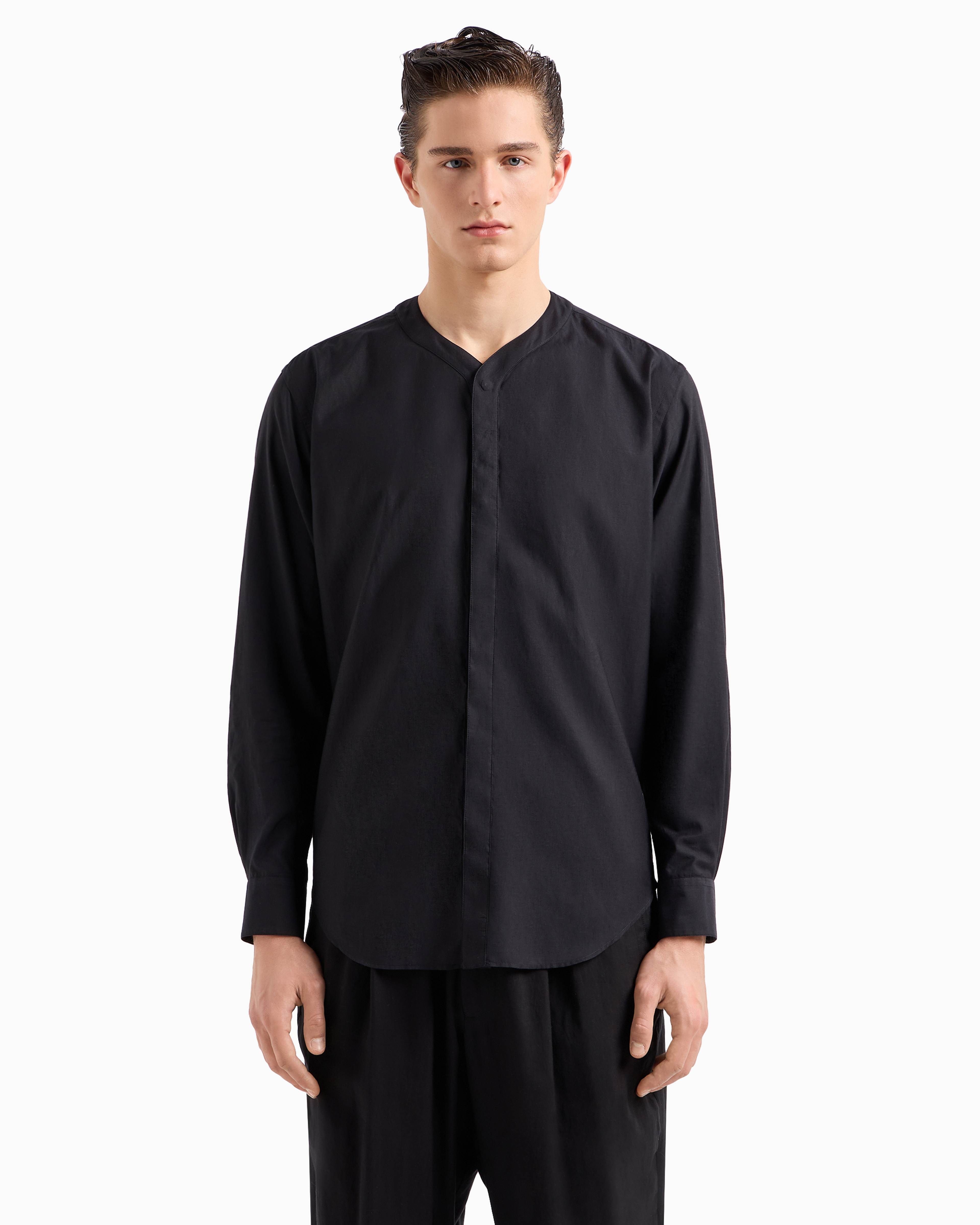 Giorgio Armani Official Store Asv V-neck Shirt In Cotton And Silk In Black