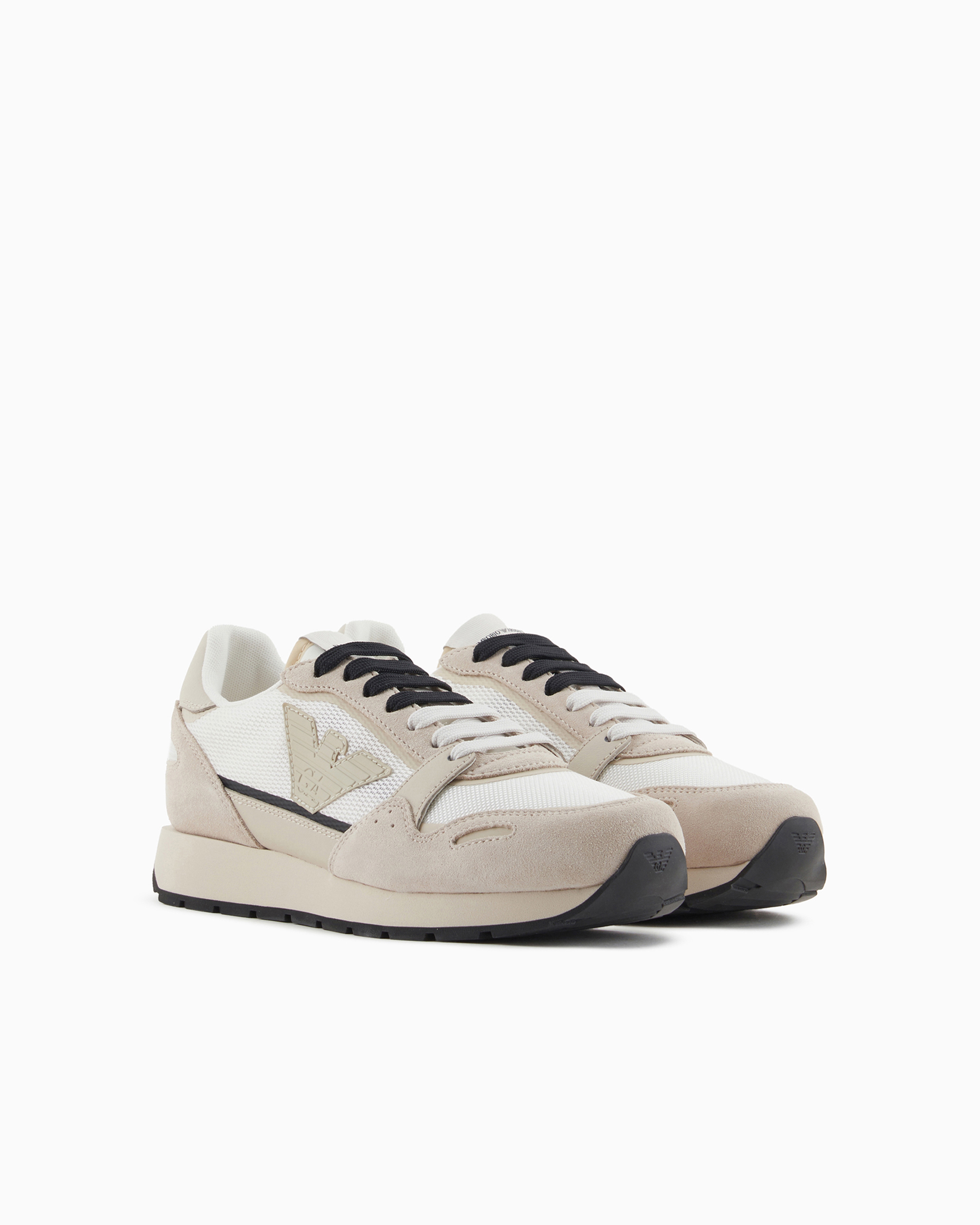 Shop Emporio Armani Mesh Sneakers With Suede Details And Eagle Patch In Beige