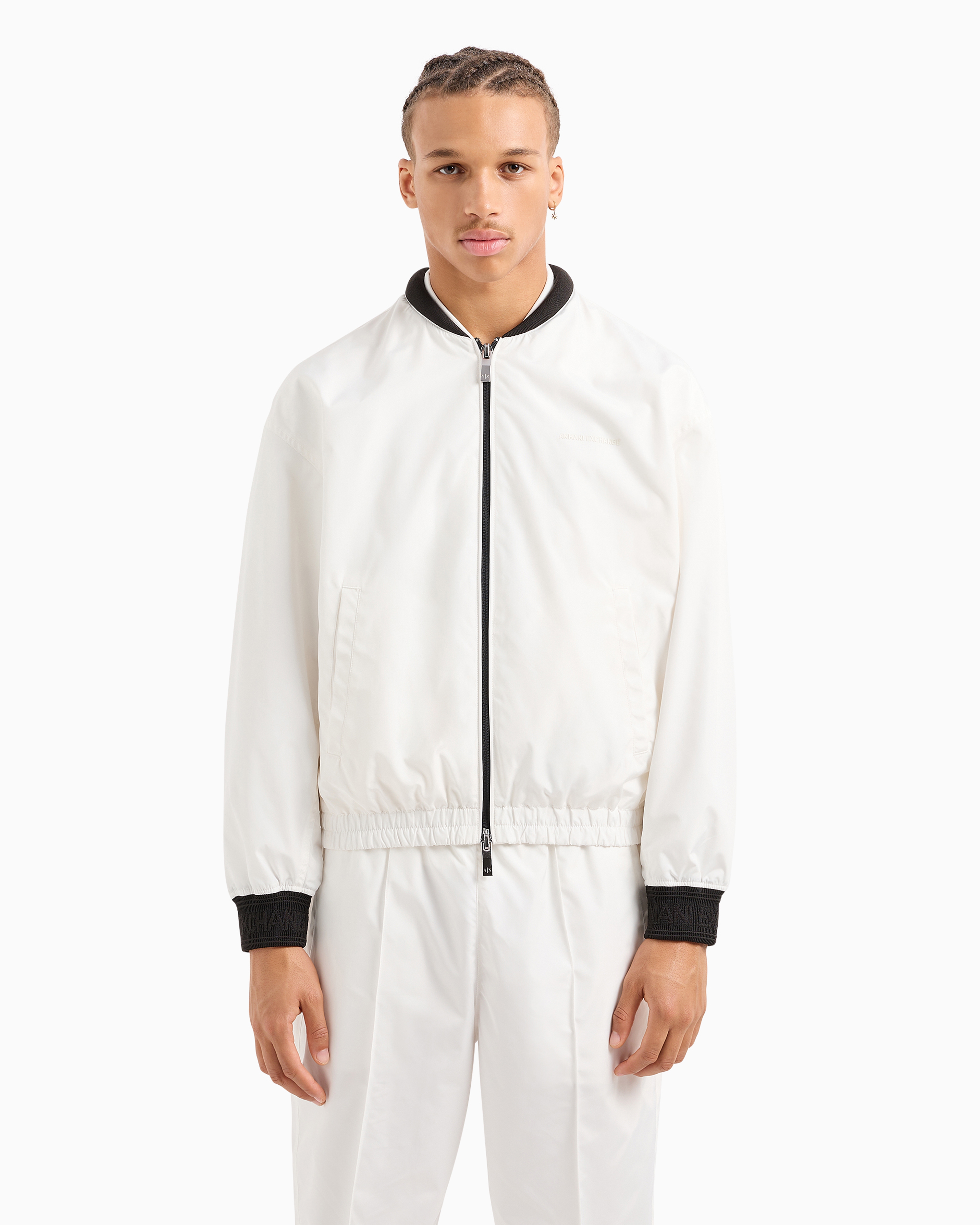 Shop Armani Exchange Bomber Jacket In Technical Fabric With Tone-on-tone Logo In White