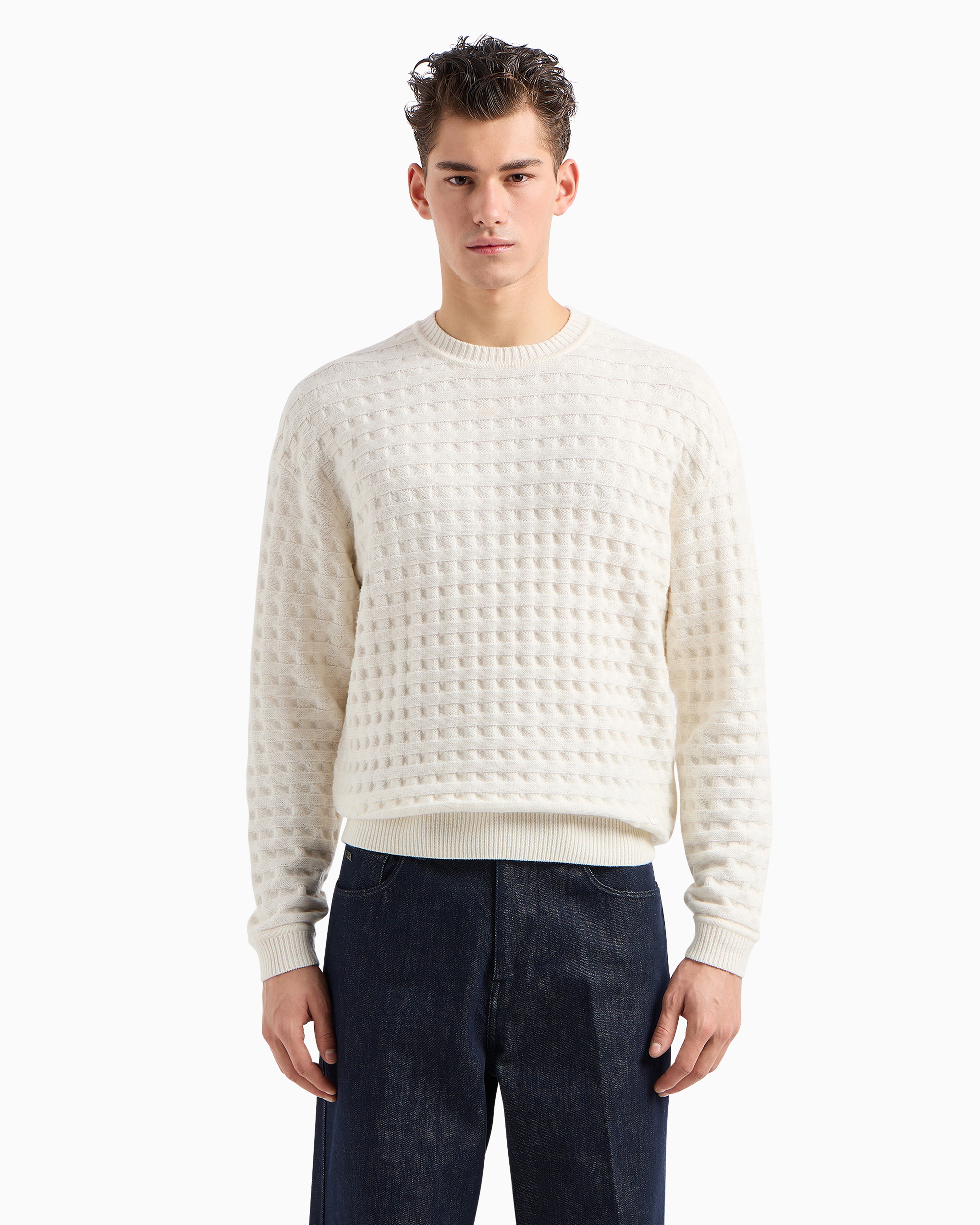 Shop Emporio Armani Virgin Wool Jumper With Embossed Jacquard Motif In White