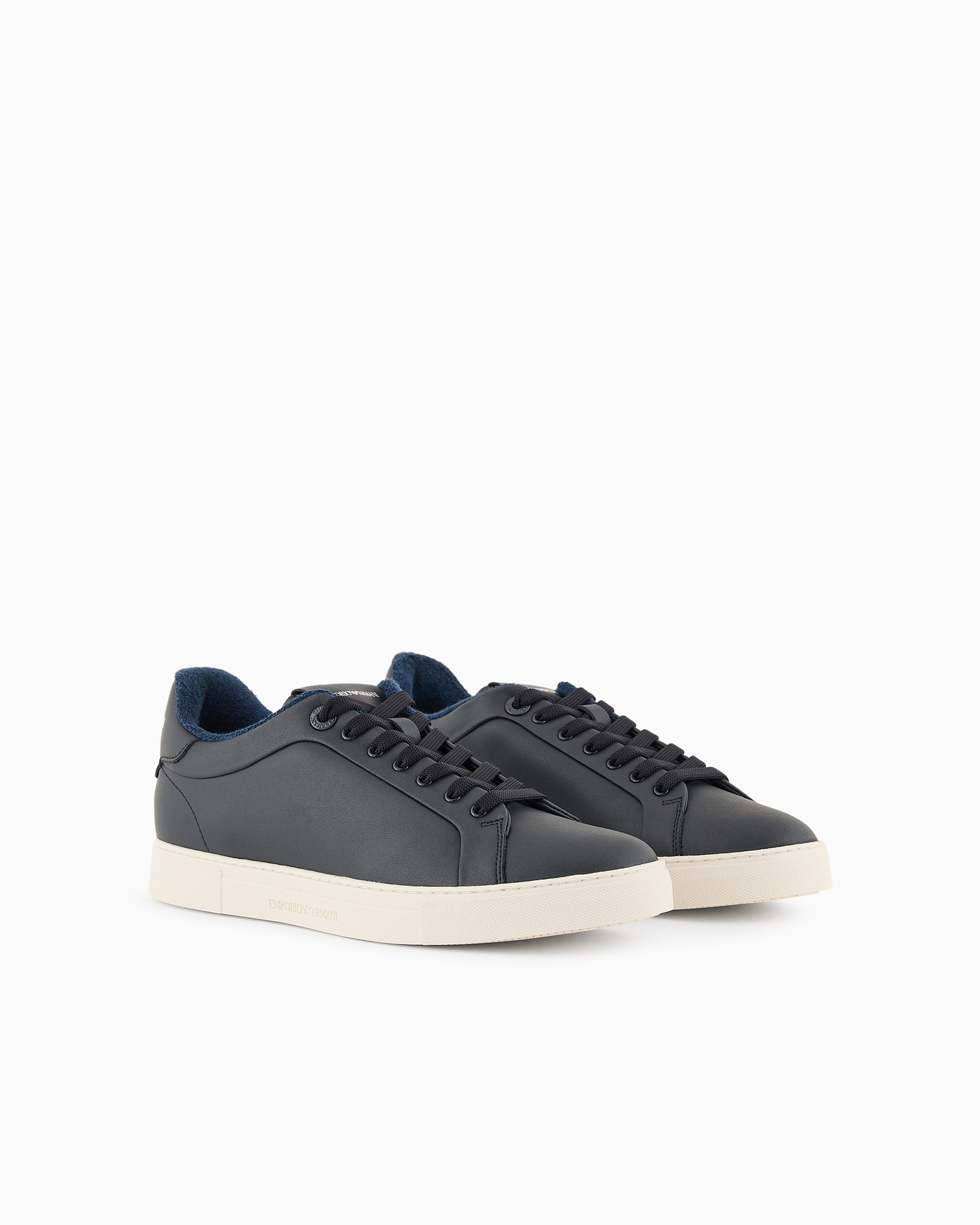 Shop Emporio Armani Supple Leather Sneakers In Navy Blue