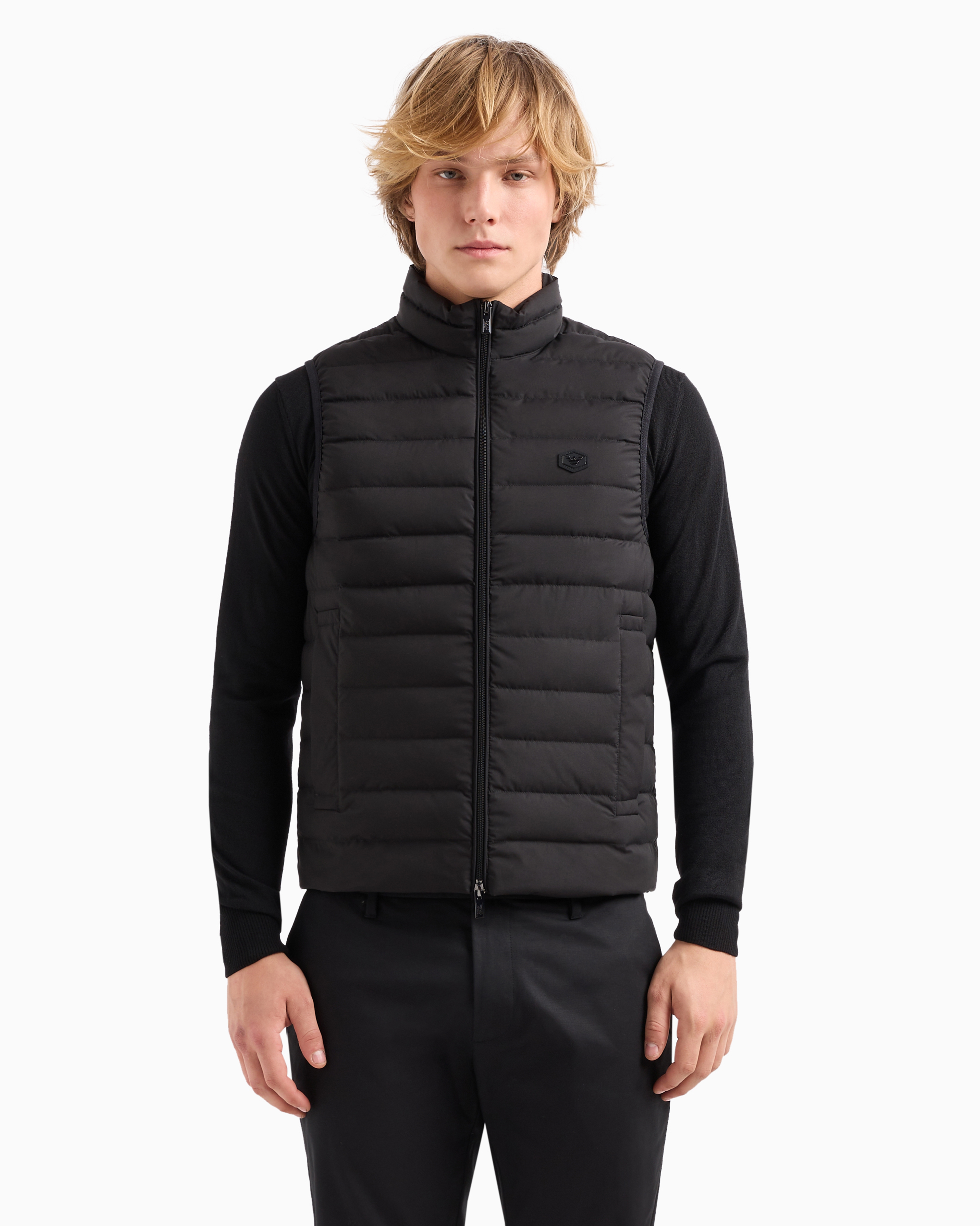 Shop Emporio Armani Sleeveless Full-zip Down Jacket In Quilted Nylon With Eagle Logo Patch In Black