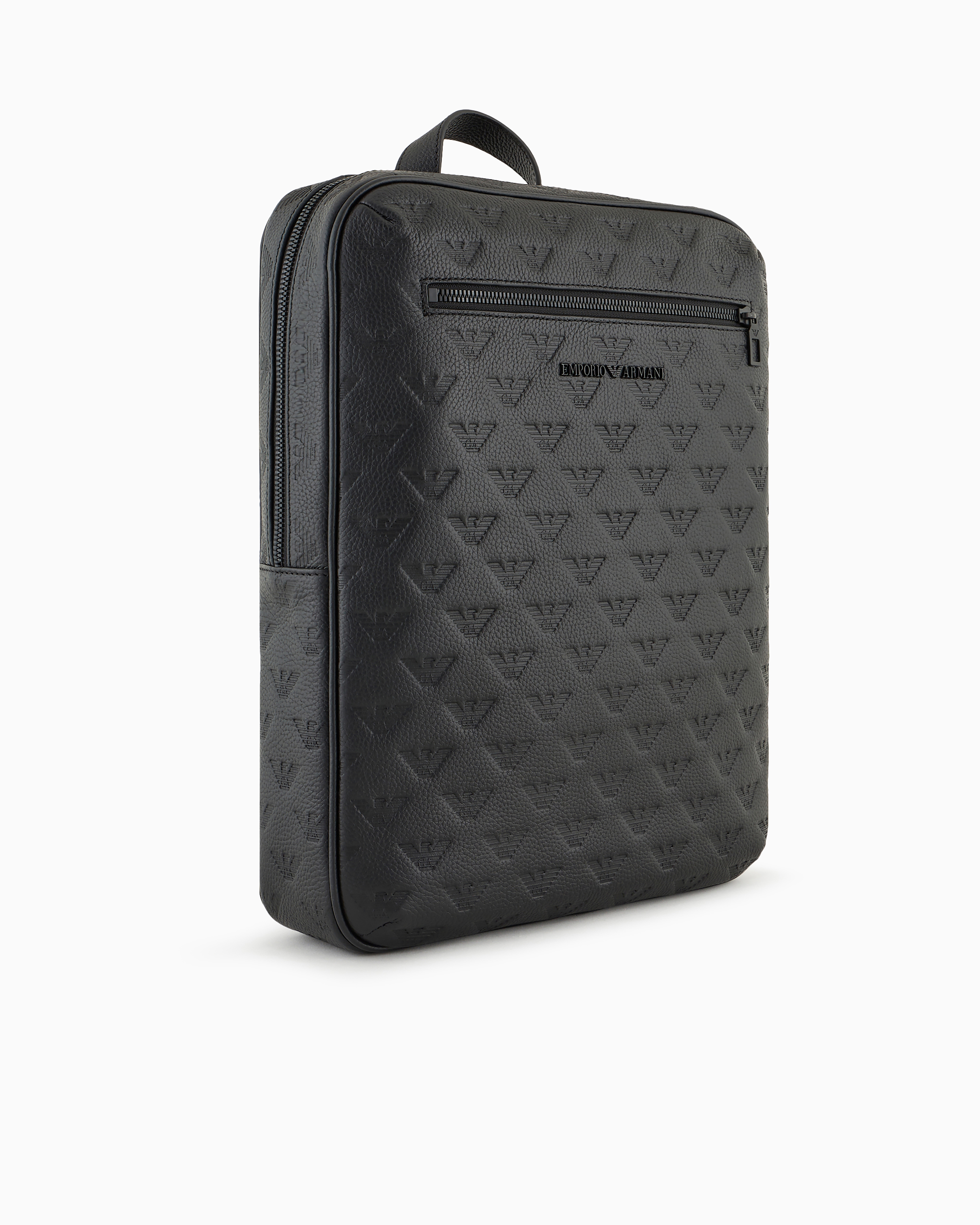 Shop Emporio Armani Slim Leather Backpack With All-over Embossed Eagle In Black