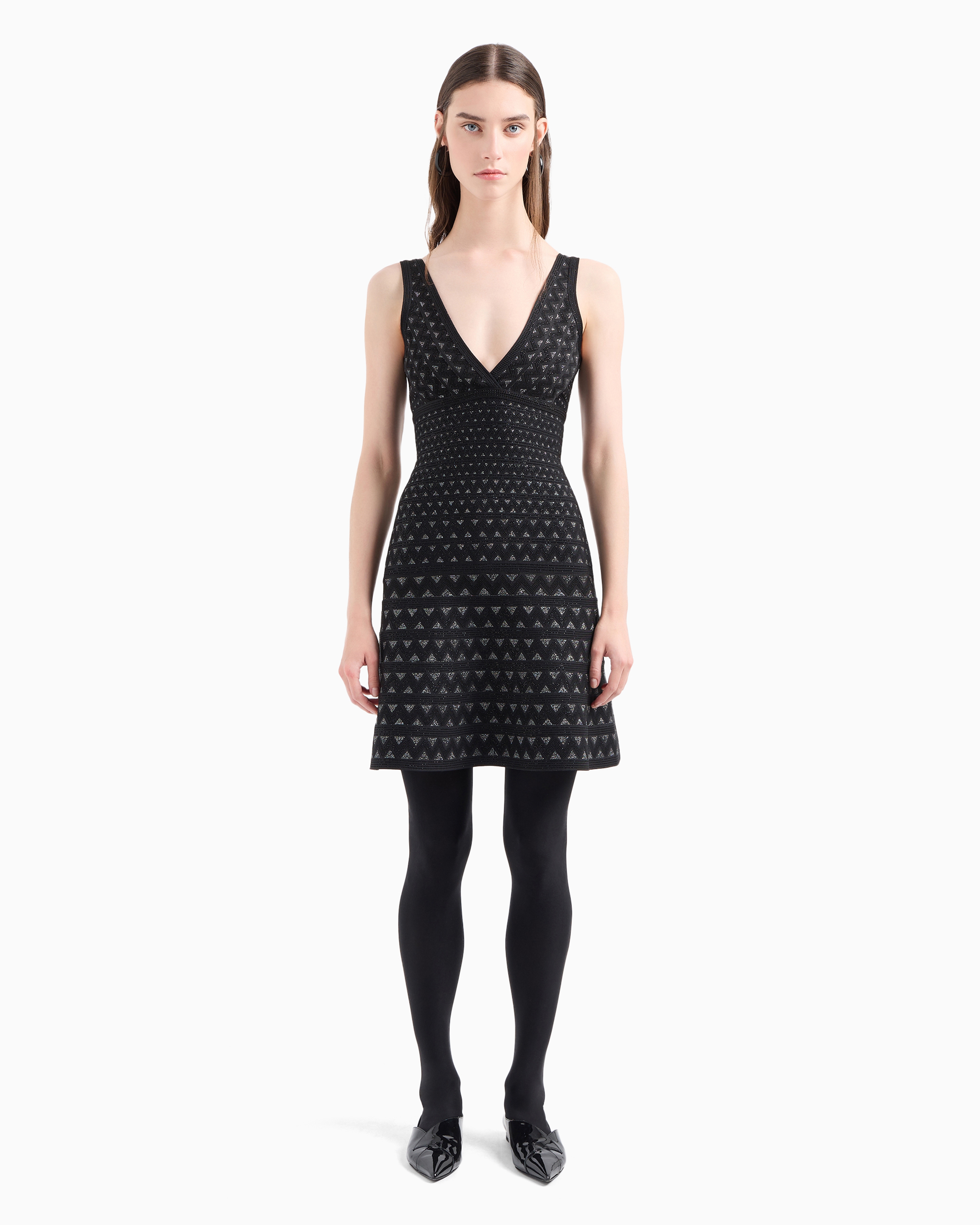 EMPORIO ARMANI MOON CAPSULE COLLECTION TWO-TONE JACQUARD STRETCH-KNIT FLARED DRESS 