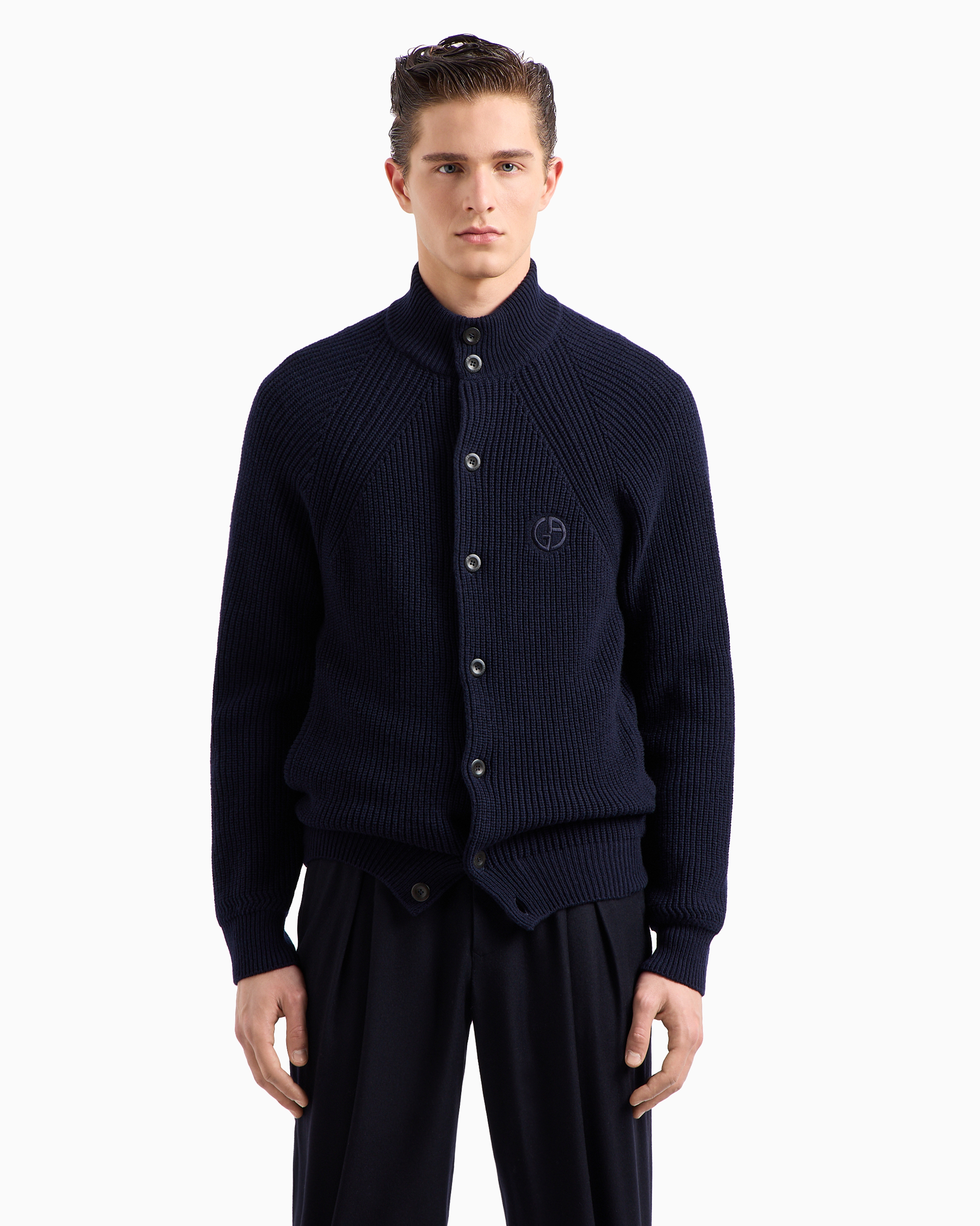 Shop Giorgio Armani Virgin Wool And Cashmere Blouson In A Half Fisherman's Rib Knit In Blue