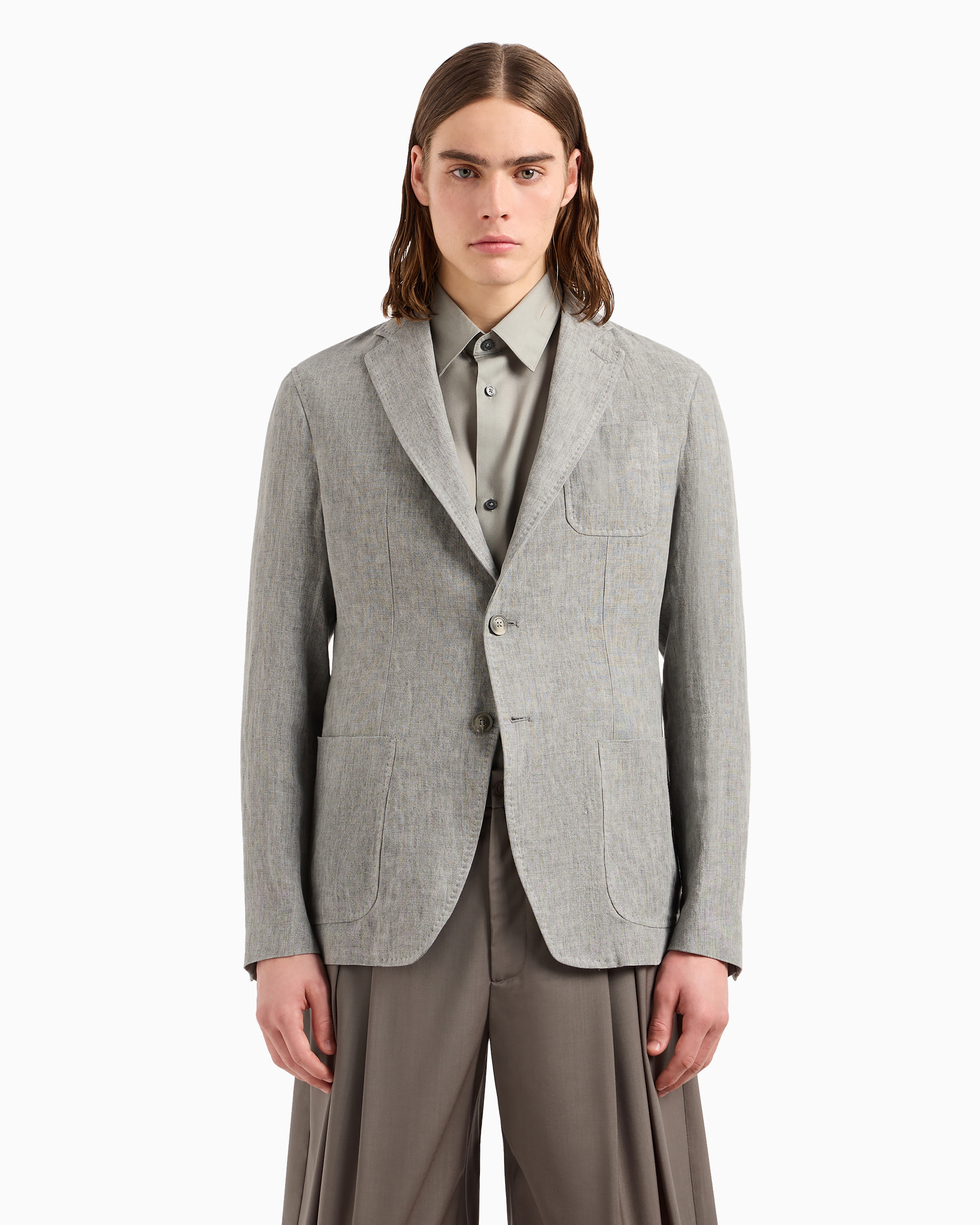 Shop Emporio Armani Single-breasted Jacket In Faded Linen With A Crêpe Texture In Light Grey