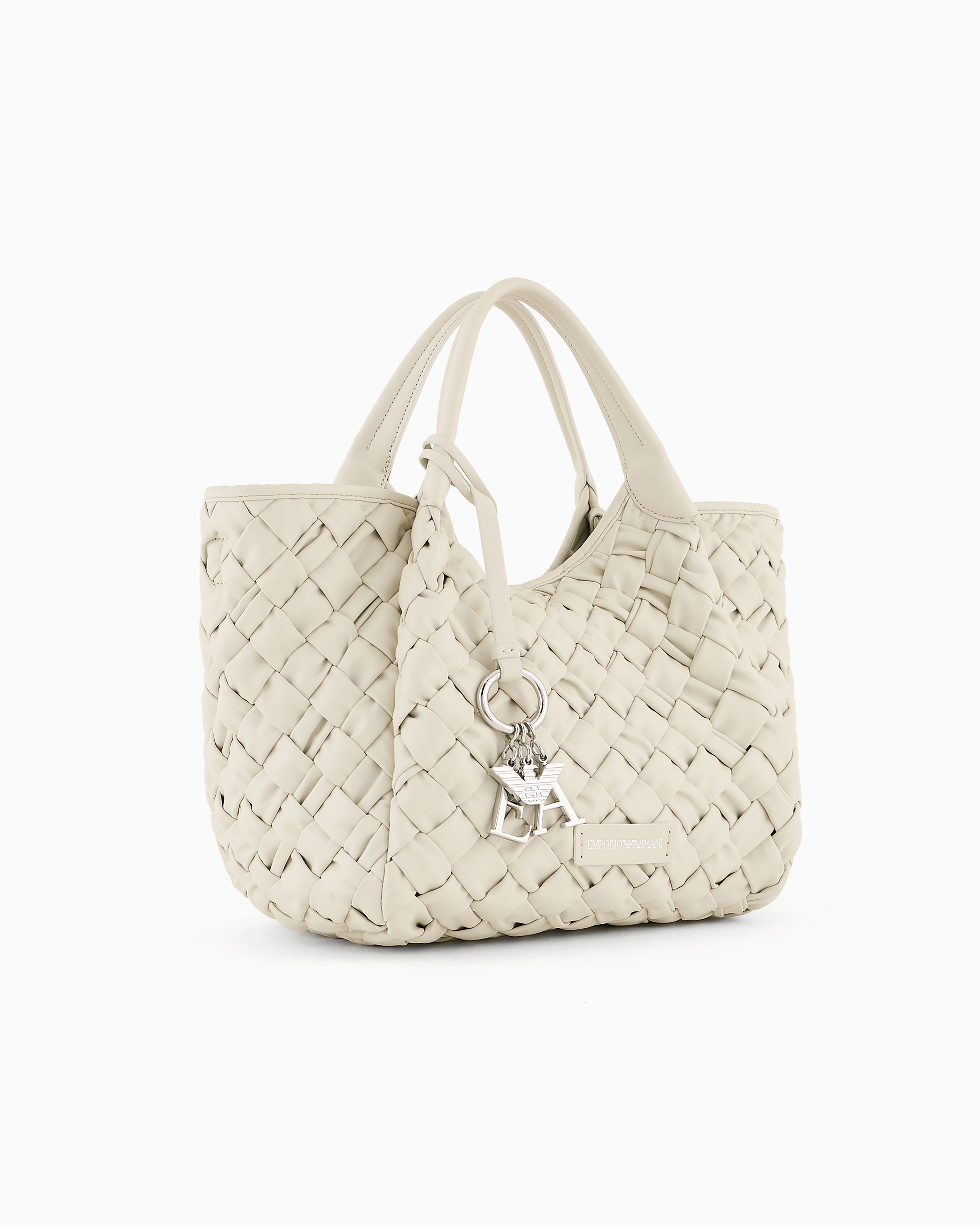 Shop Emporio Armani Nappa Leather-effect Interwoven Shopper Bag With Logo Charm In Bleu Ciel