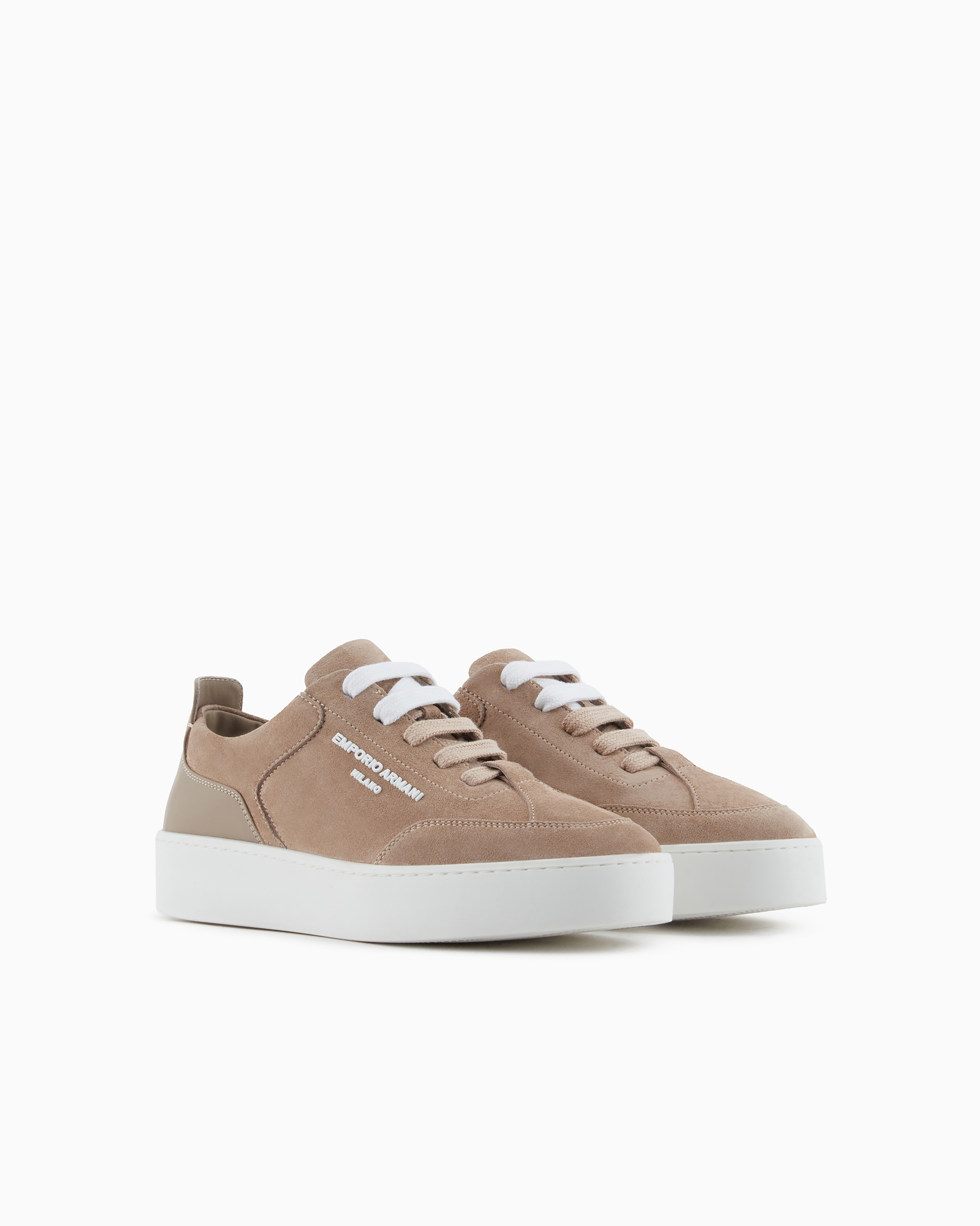 Emporio Armani Official Store Velour Leather Sneakers With Side Logo In Camel