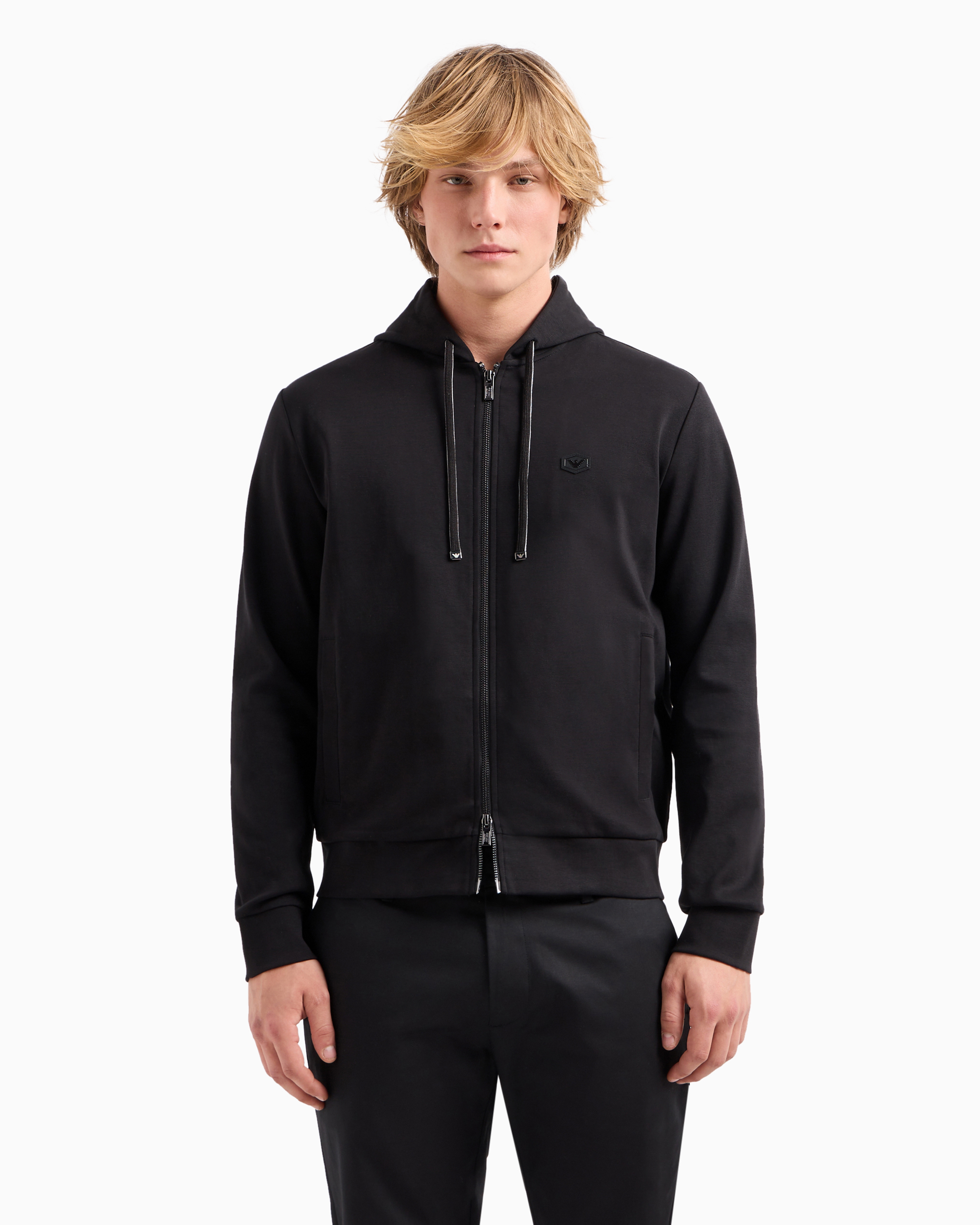 EMPORIO ARMANI HOODED, ZIPPED, PONTE-DI-ROMA SWEATSHIRT 