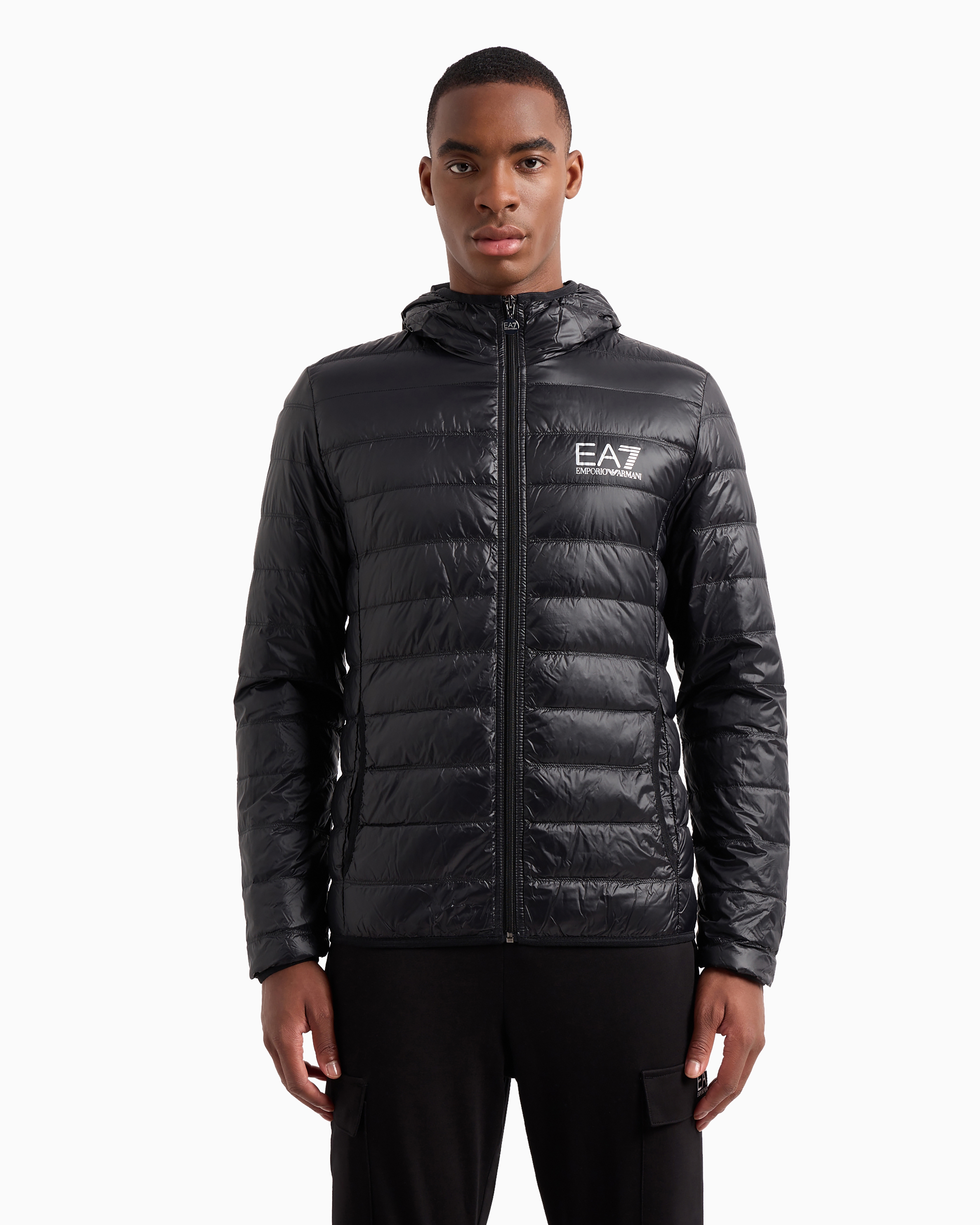 Ea7 Packable Hooded Core Identity Puffer Jacket In Black