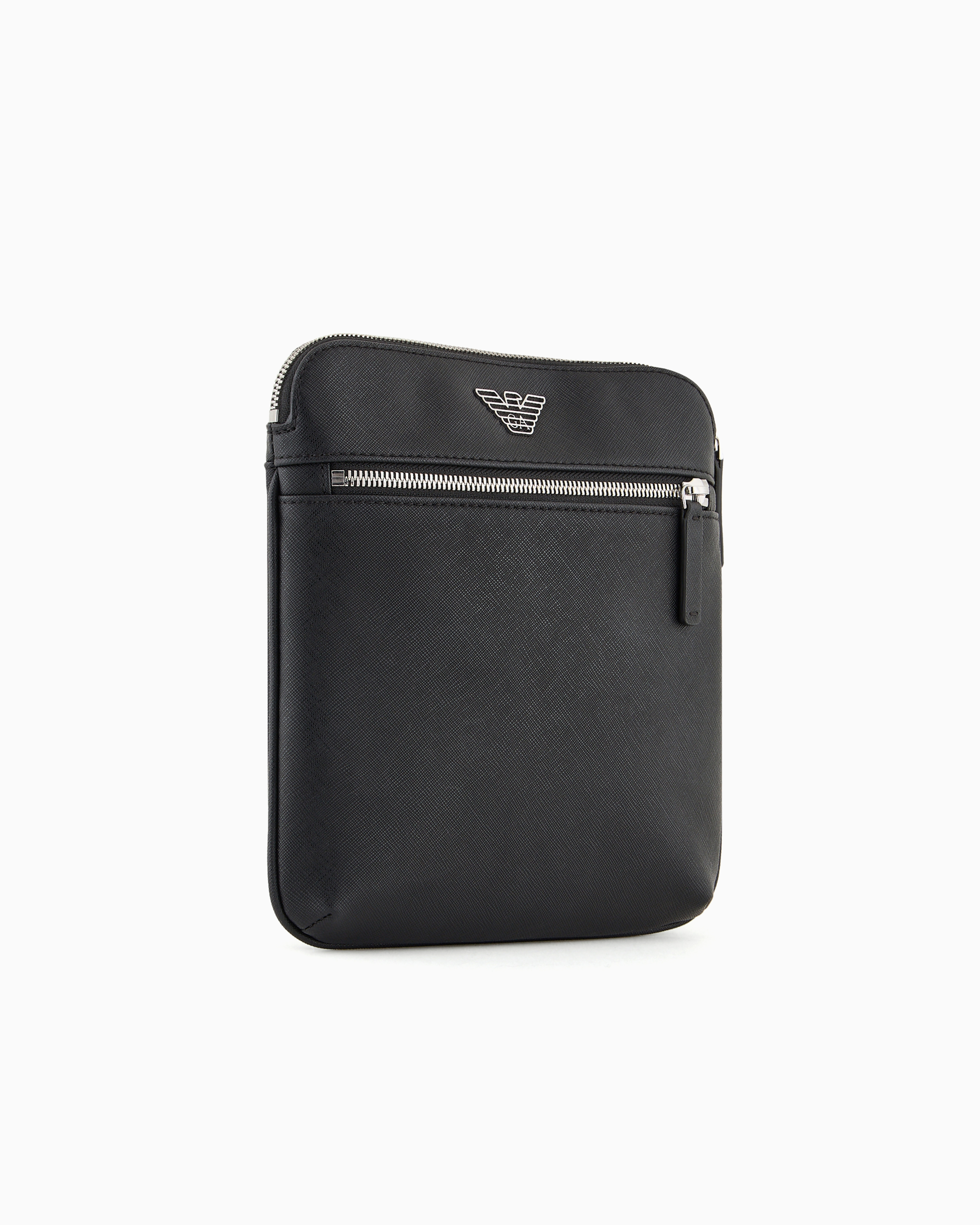 Emporio Armani Asv Regenerated Saffiano Leather Flat Shoulder Bag With Eagle Plate In Black