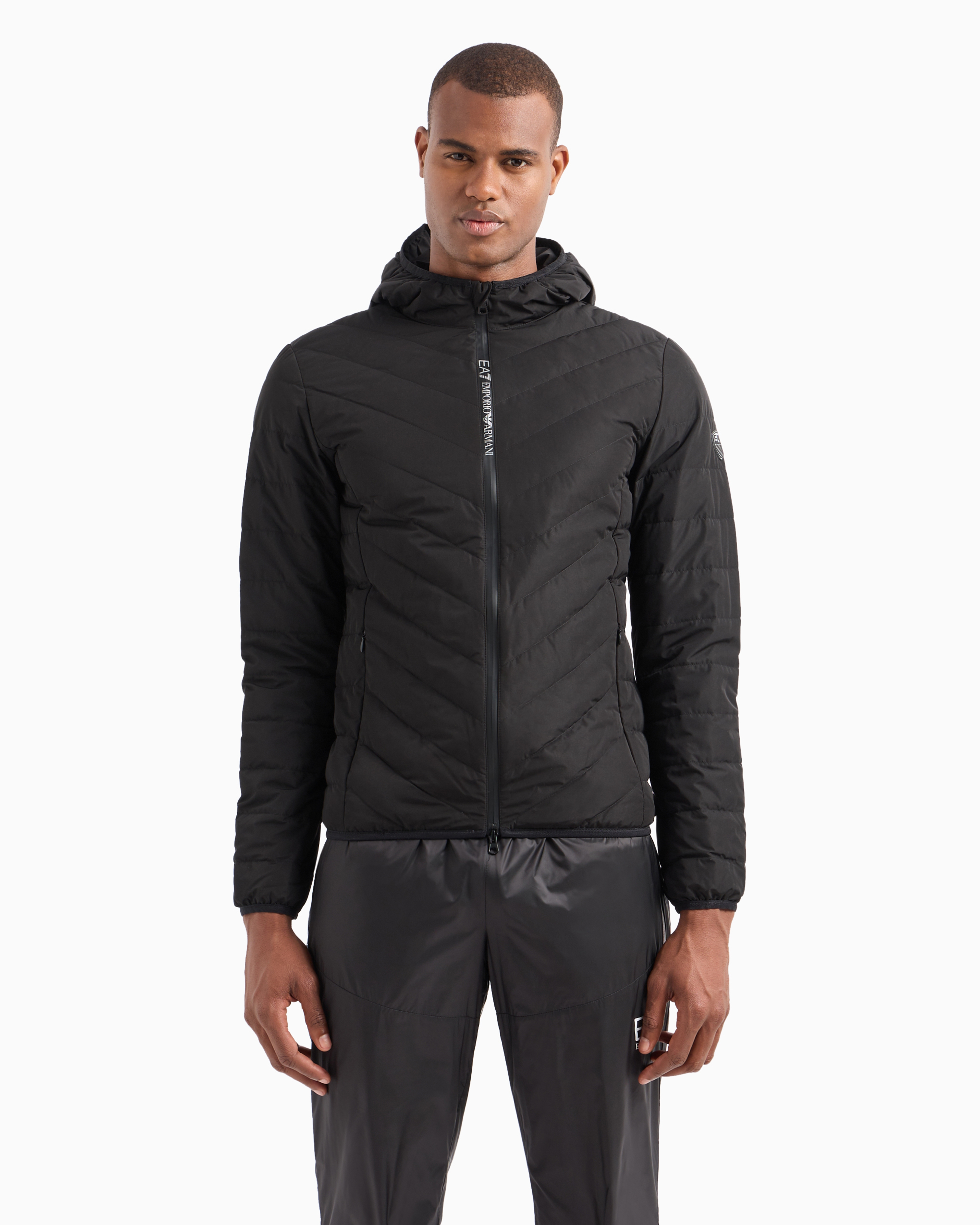 Shop Ea7 Premium Shield Packable Hooded Down Jacket In Black