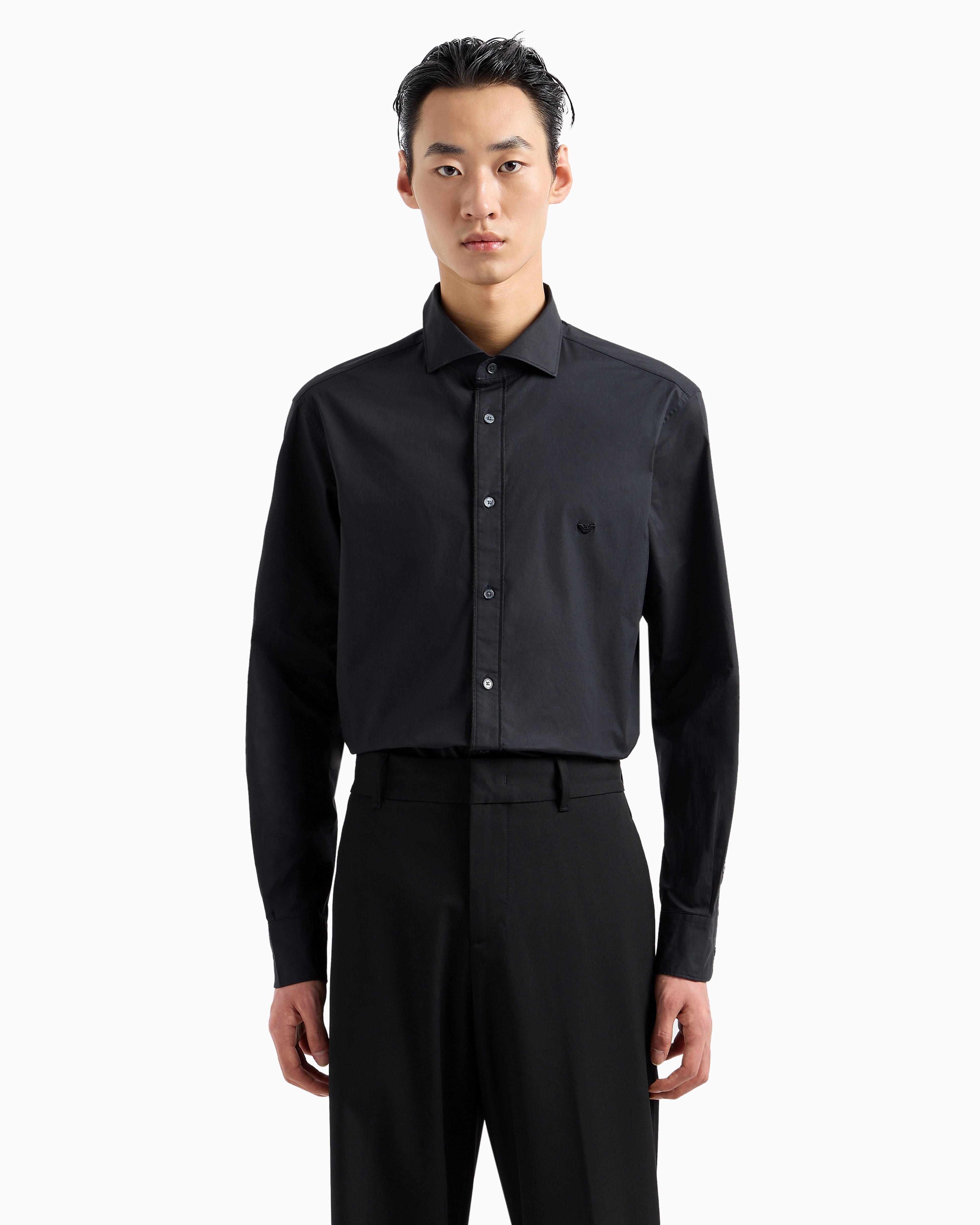 Emporio Armani Logo-embroidered Stretch-cotton Poplin Shirt In Black