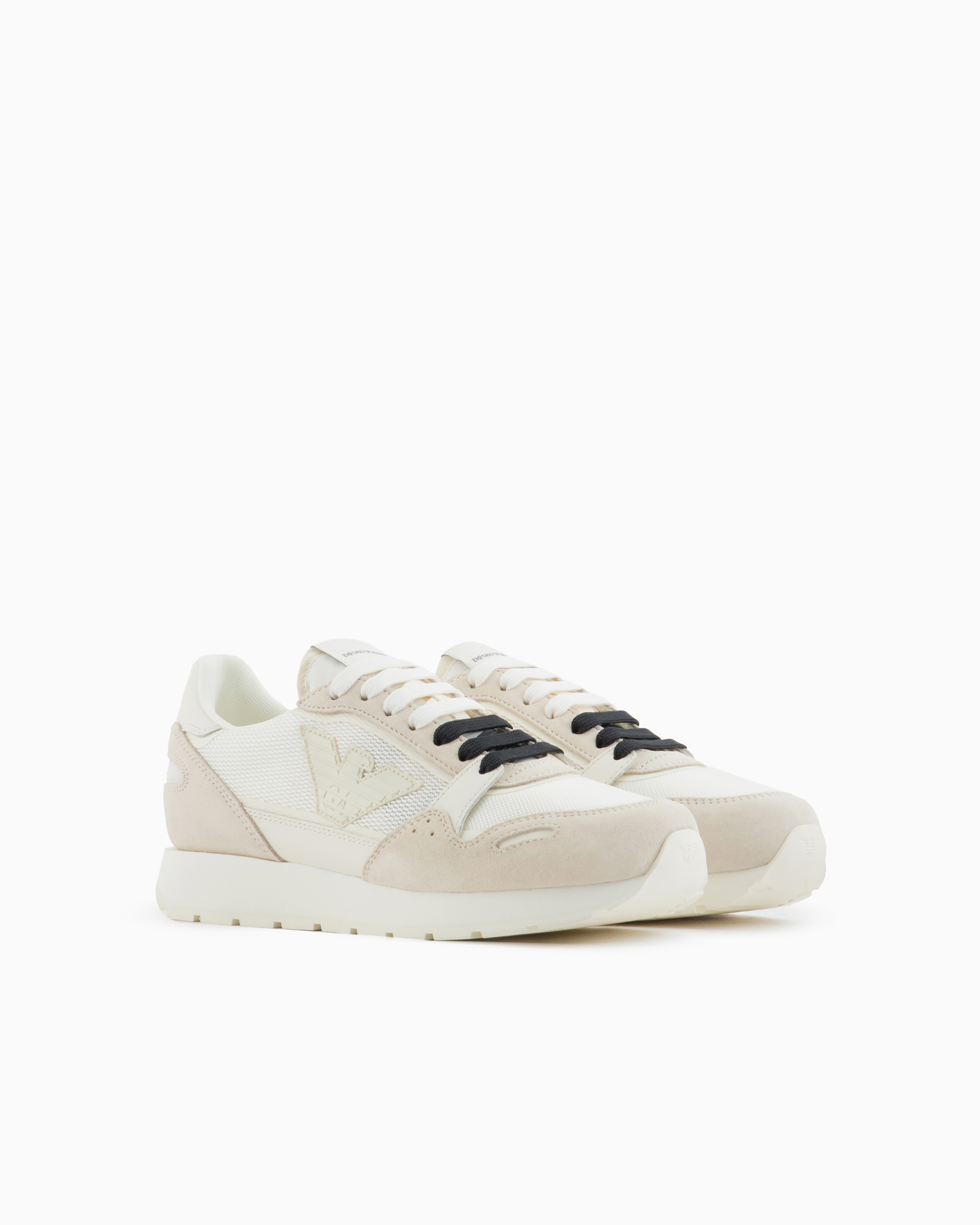 Emporio Armani Official Store Mesh Sneakers With Suede Details And Eagle Patch In Avorio