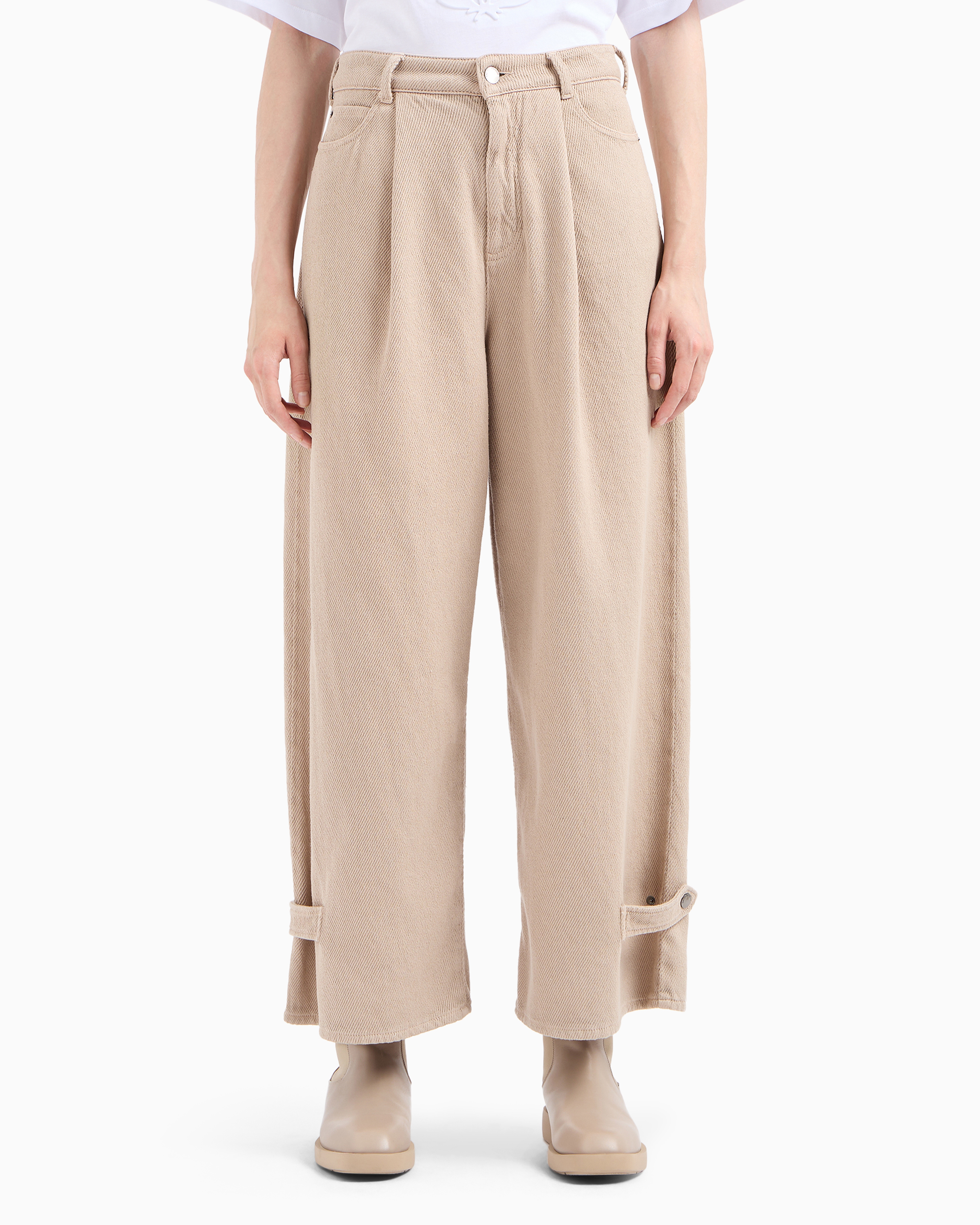 Emporio Armani Official Store Icon High-waisted Drill Jeans With A Wide Leg And Pleats In Beige