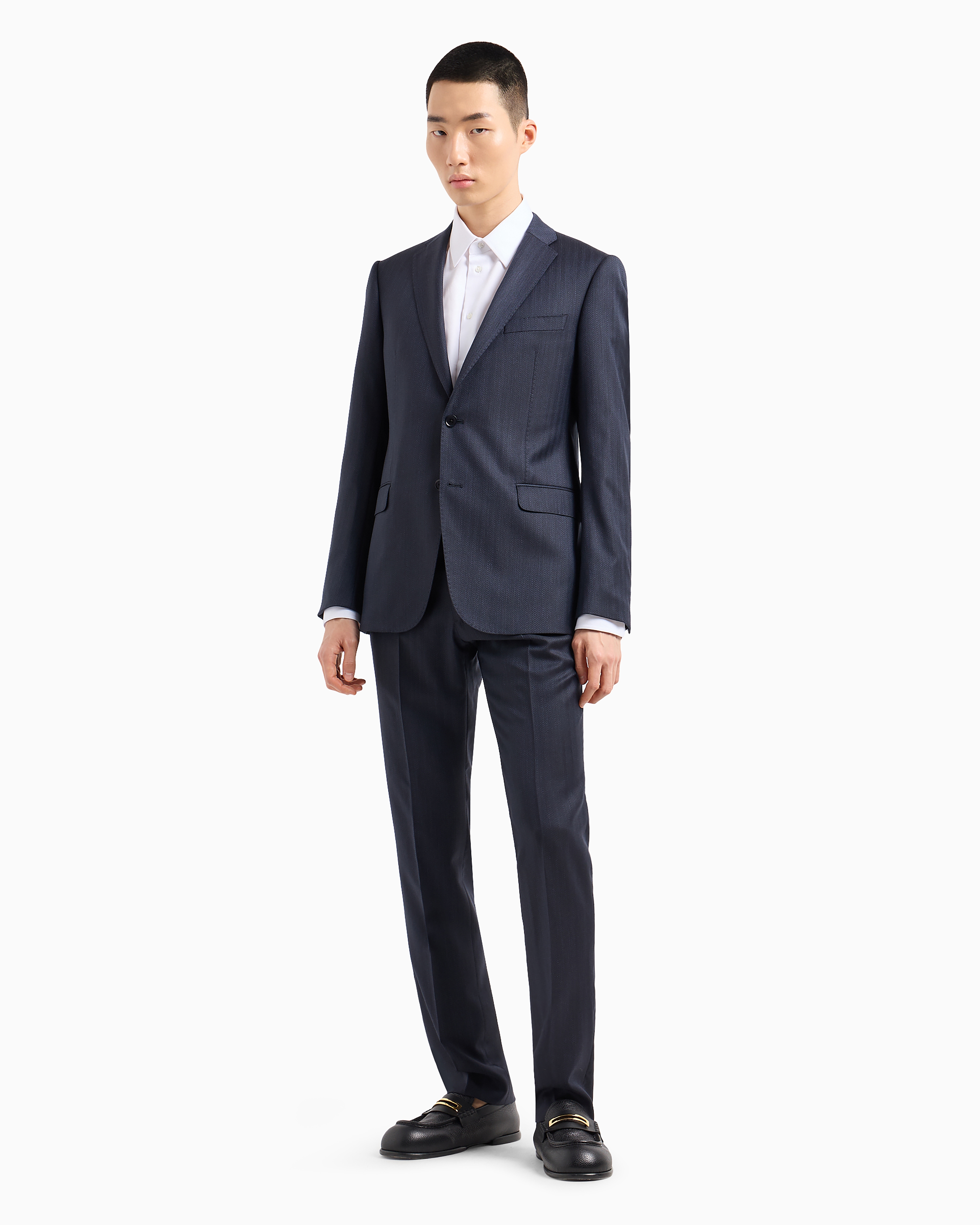 Emporio Armani Single-breasted, Slim-fit Suit In Superfine Wool With A Striped Chevron Motif In Blue