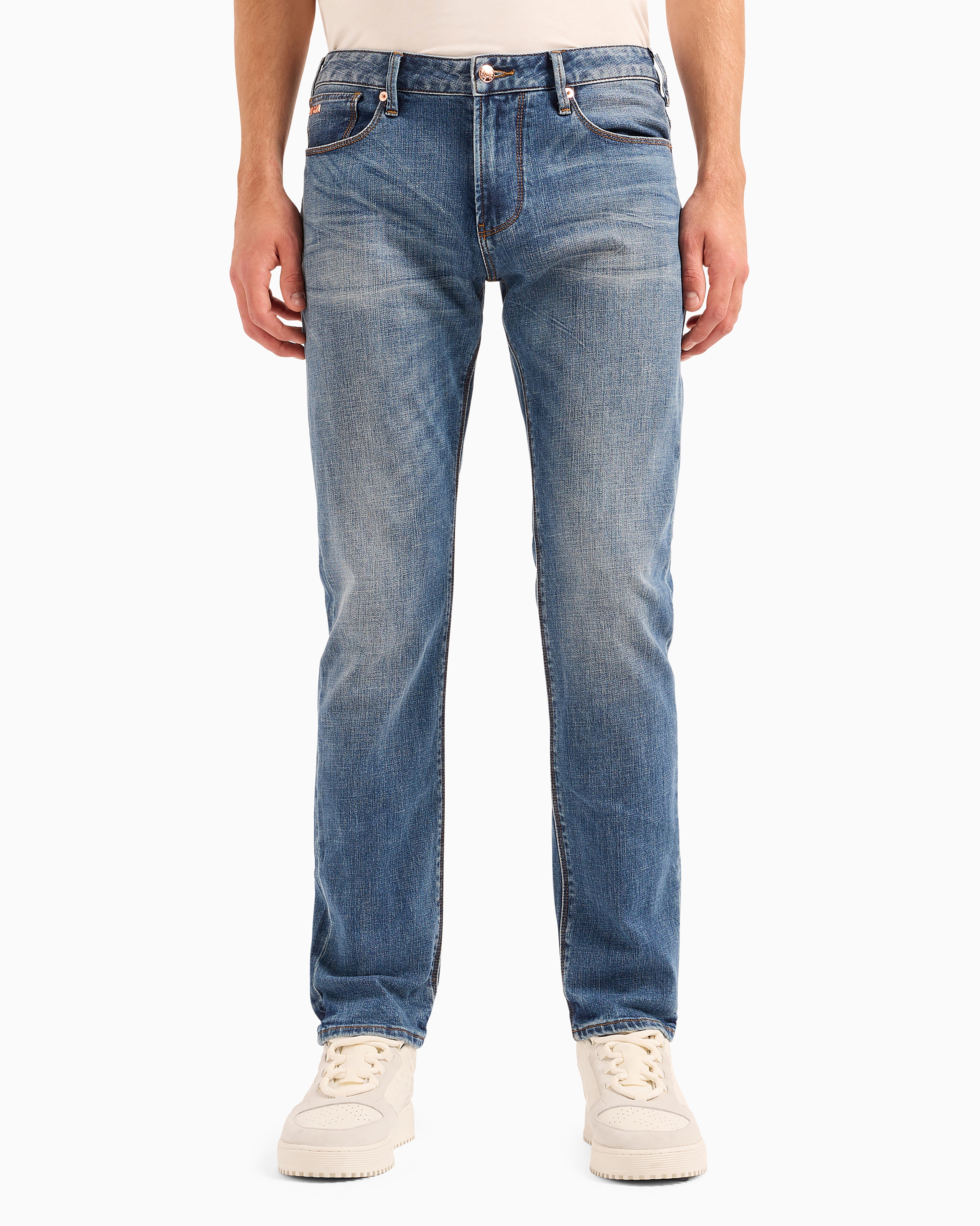 Emporio Armani J06 Slim-fit, Bleached-effect Comfort-denim Jeans In Blue