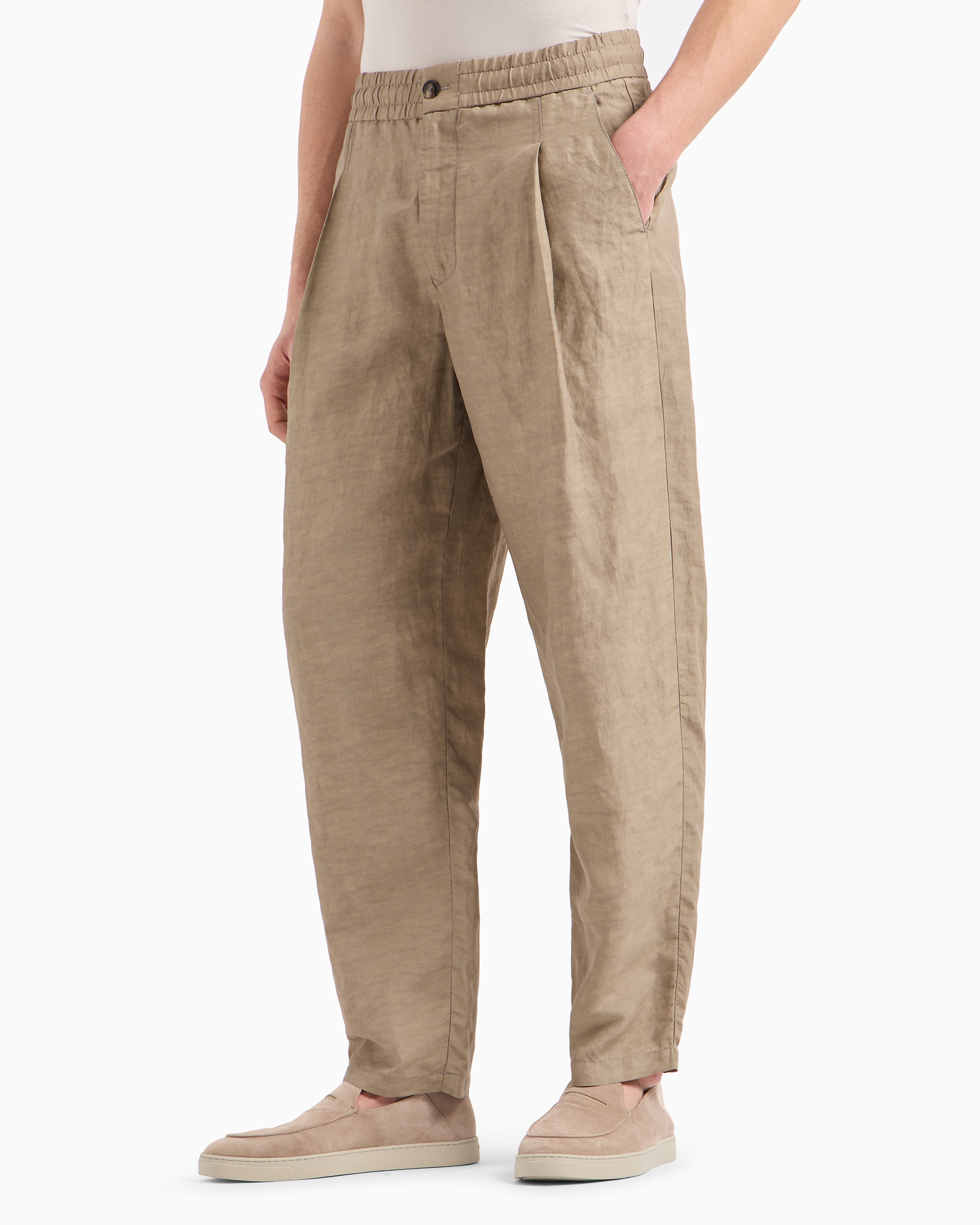 Giorgio Armani Official Store Viscose And Linen Canvas Single-darted Trousers In Beige