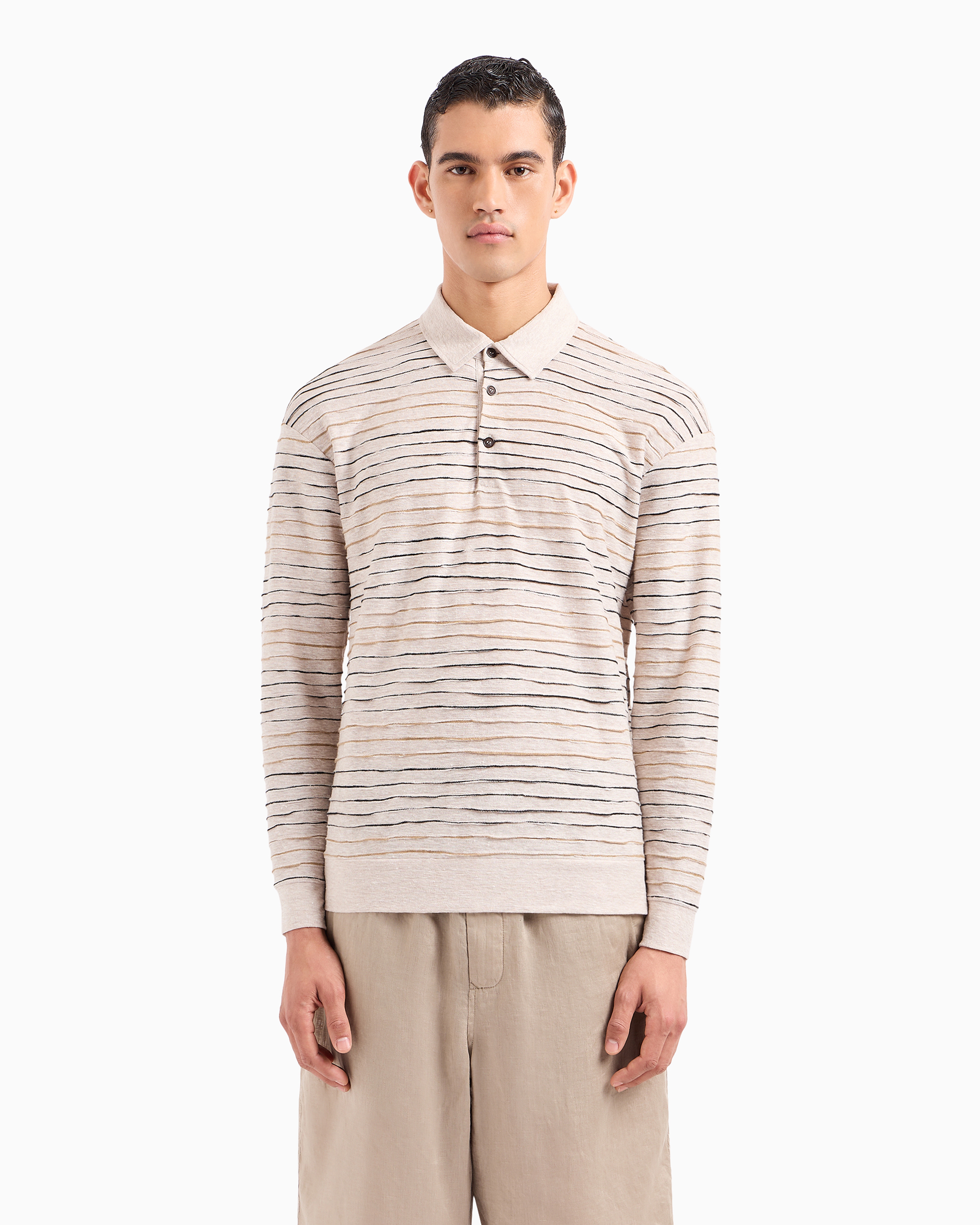 Shop Giorgio Armani Long-sleeved Polo Shirt In Linen, Cotton And Viscose Jersey Jacquard In Beige