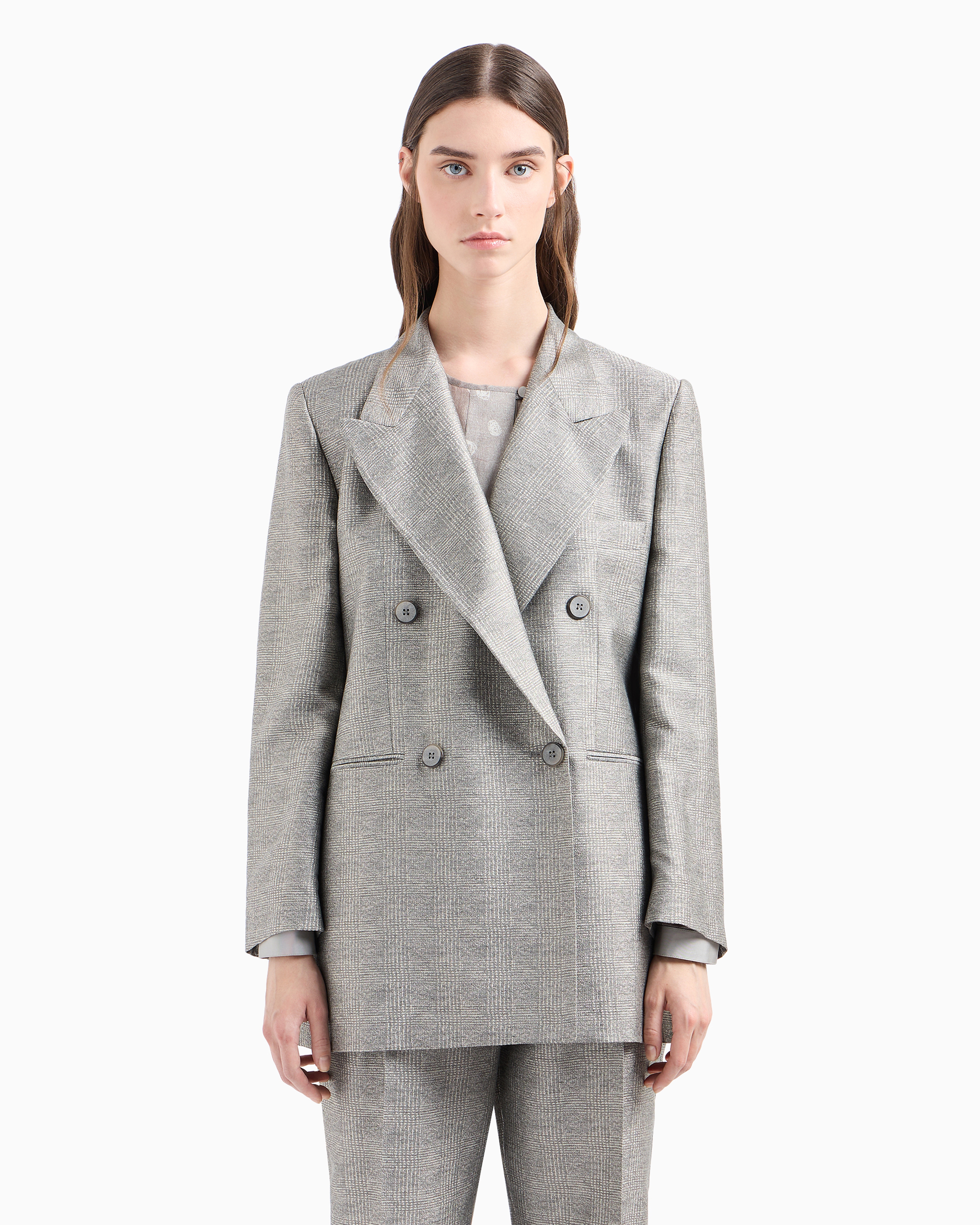 Shop Emporio Armani Icon Double-breasted, Prince Of Wales Check Viscose Blazer In Grey