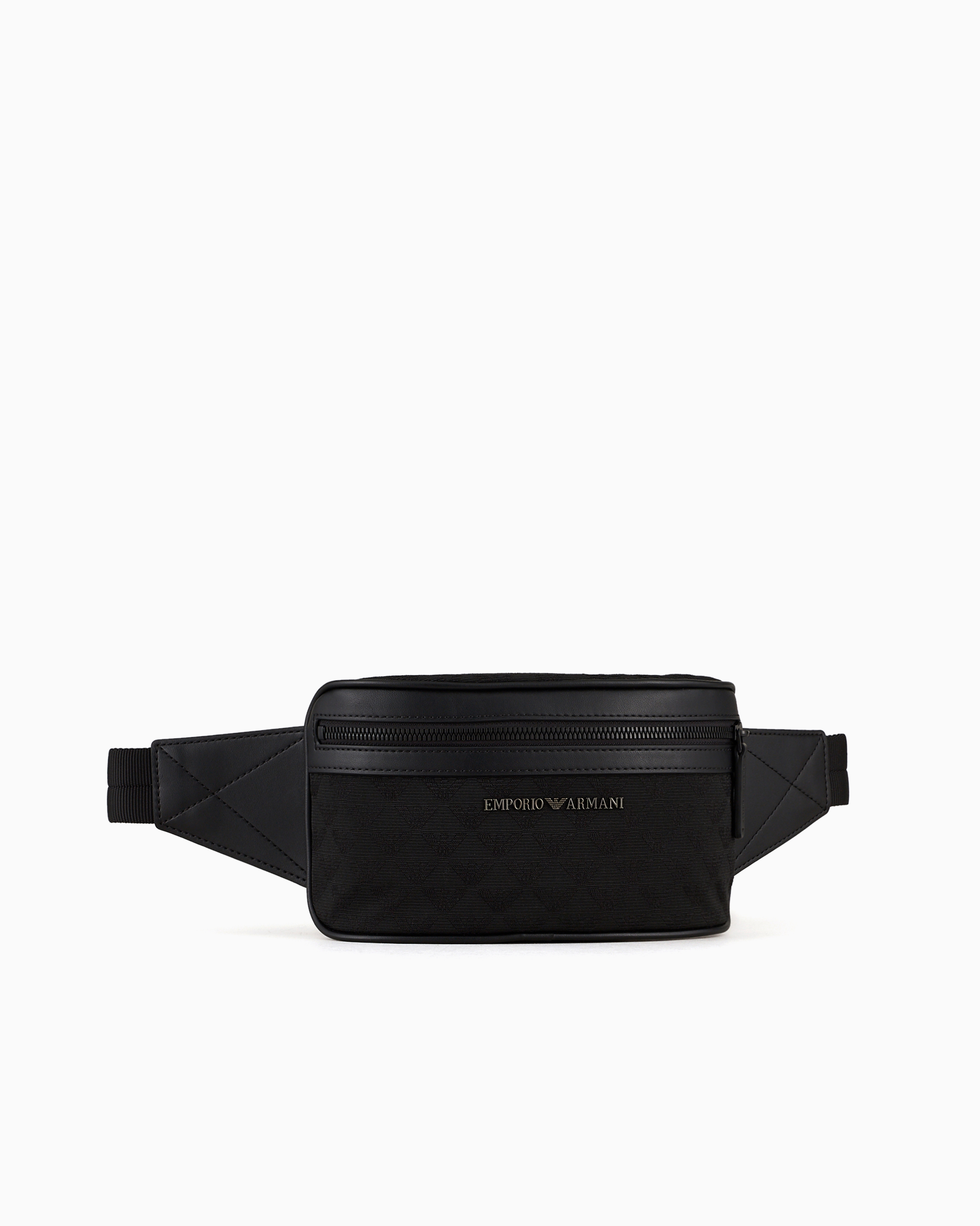 Emporio Armani Nylon Belt Bag With All-over Jacquard Eagle In Black