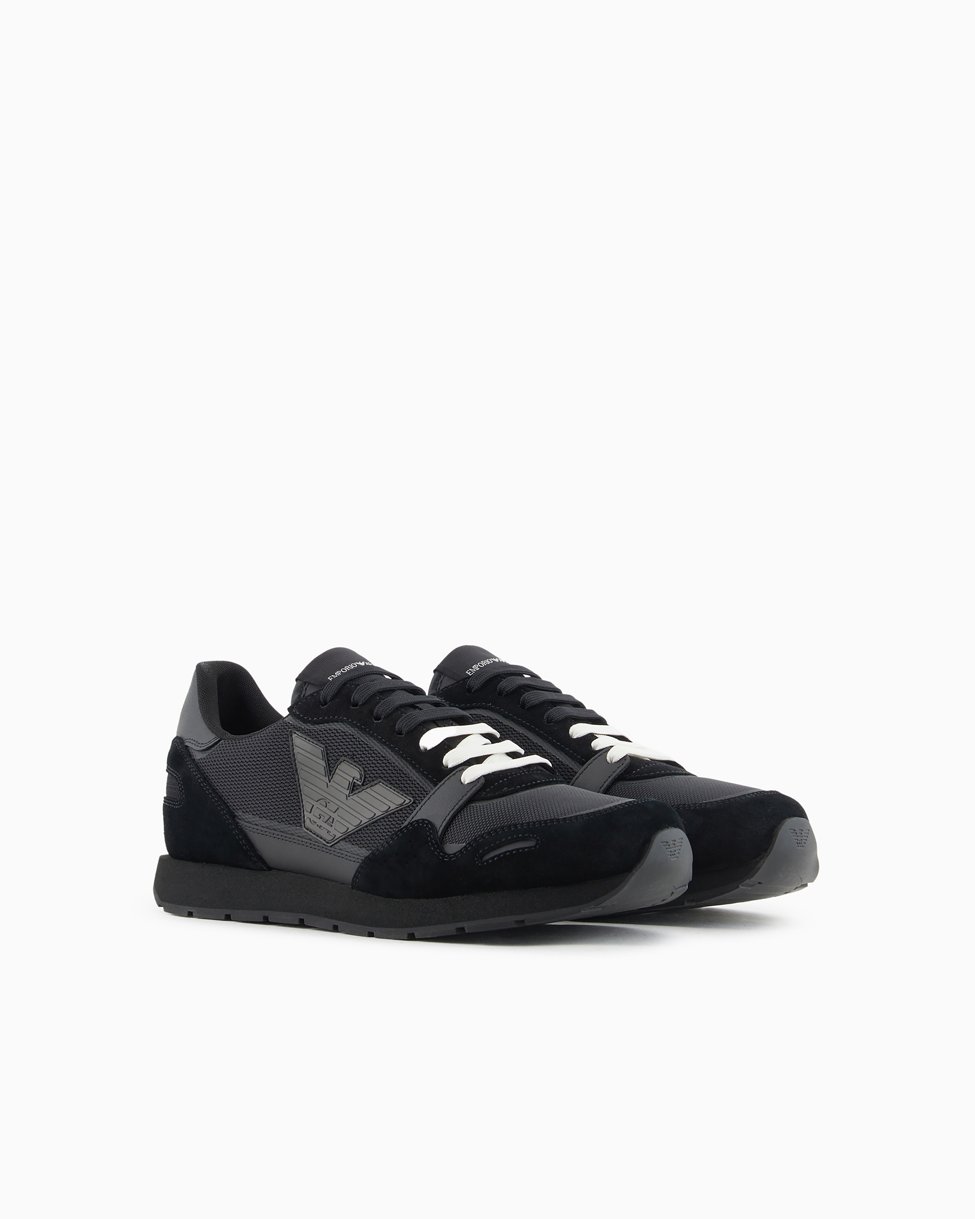 Emporio Armani Official Store Mesh Sneakers With Suede Details And Eagle Patch In Deep Black