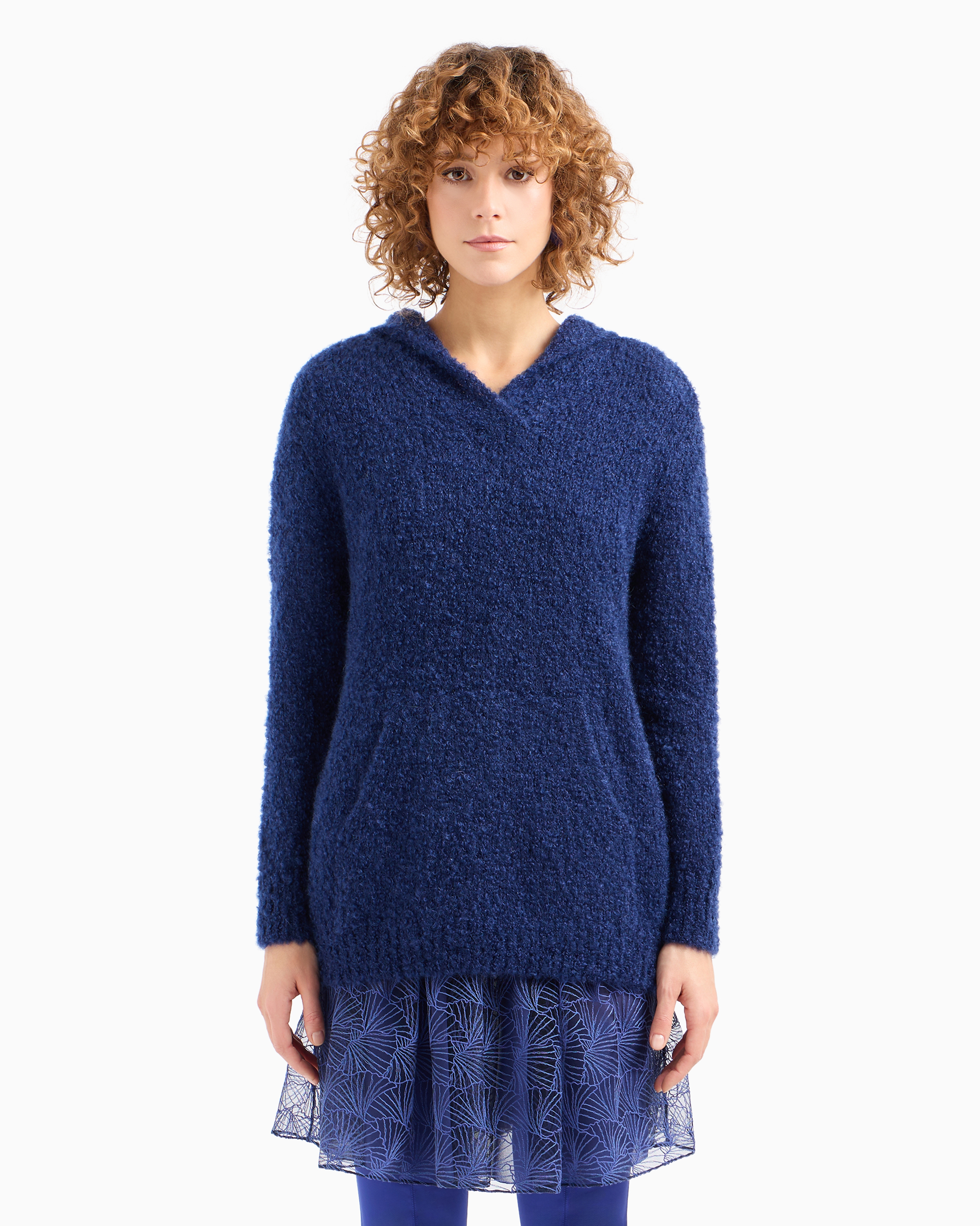 Shop Emporio Armani Plain-knit Cashgora Hooded Jumper In Bleu