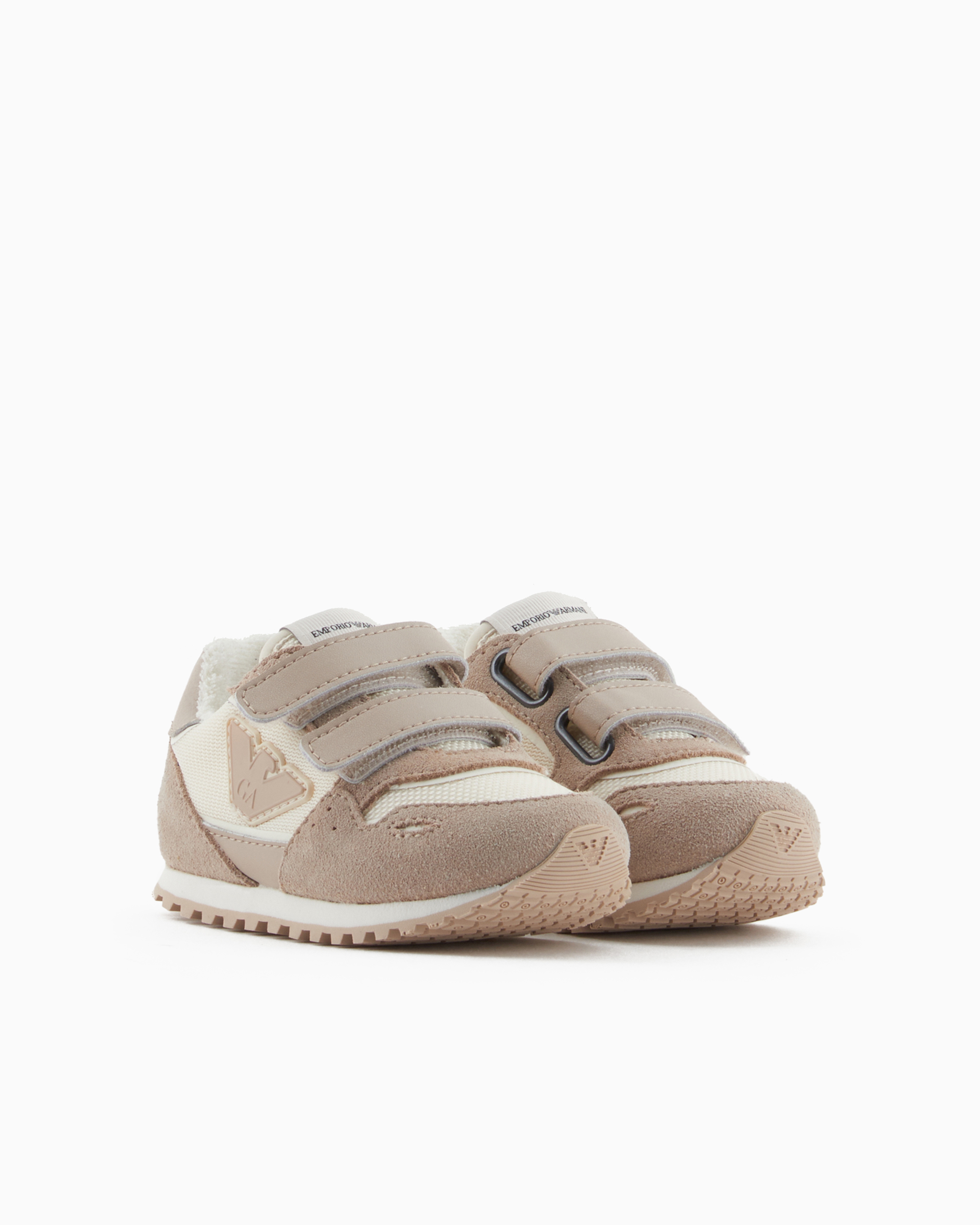 Emporio Armani Official Store Suede And Mesh Sneakers With Eagle And Velcro In Beige Logo