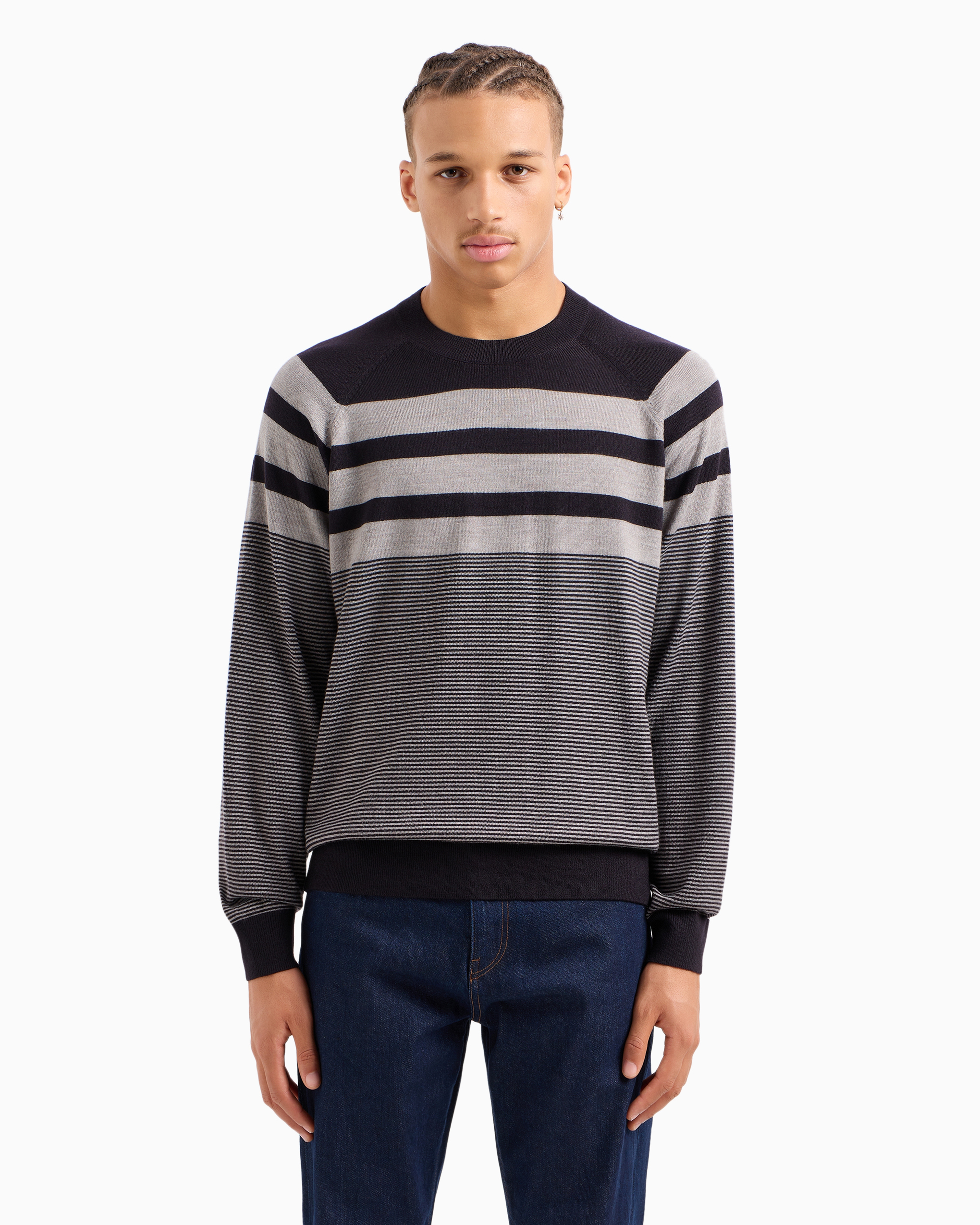 Shop Armani Exchange Irregular Striped Crew Neck Sweater In Dark Blue