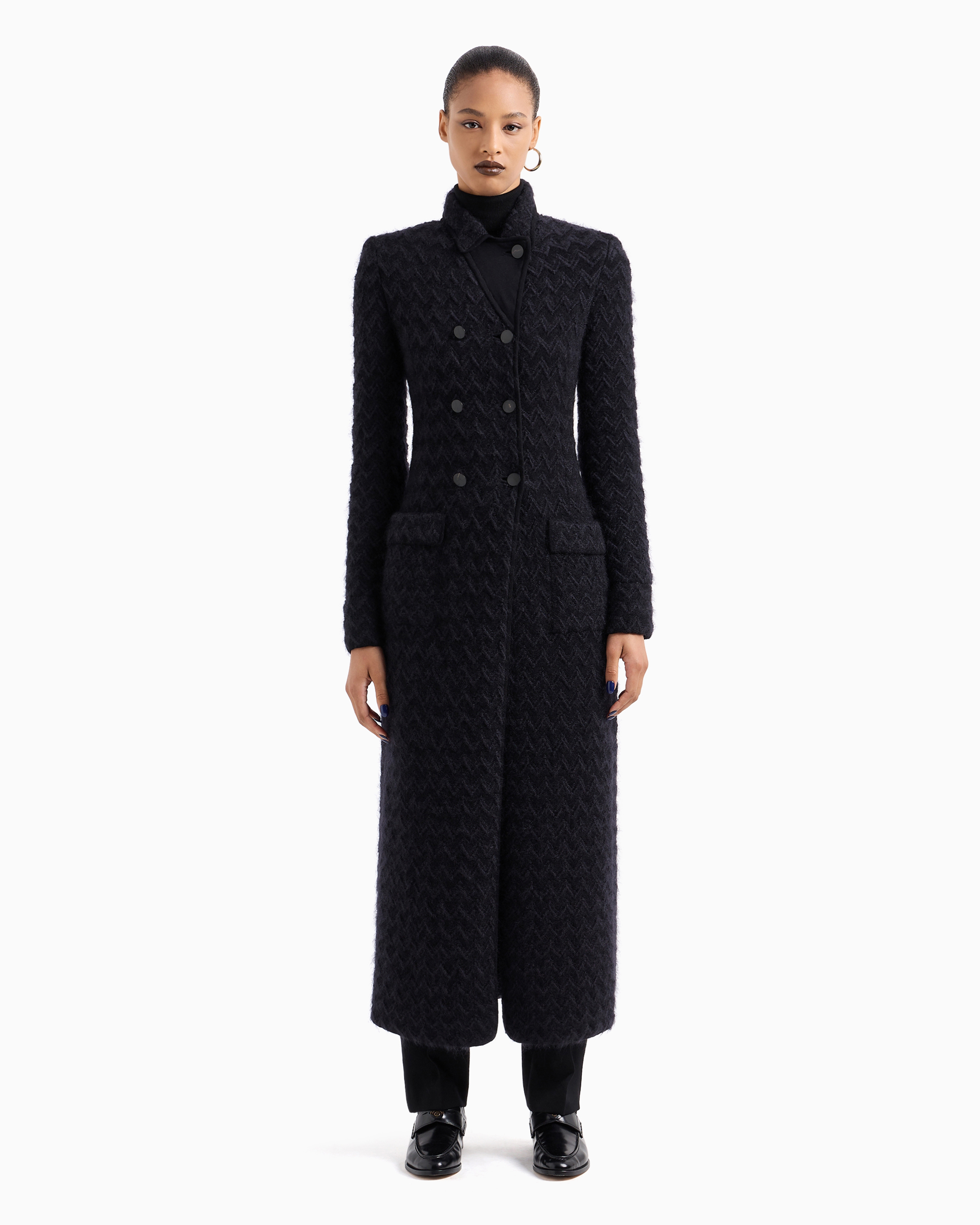 Giorgio Armani Long Double-breasted Coat In Chevron Jacquard Viscose, Silk And Mohair Wool In Black