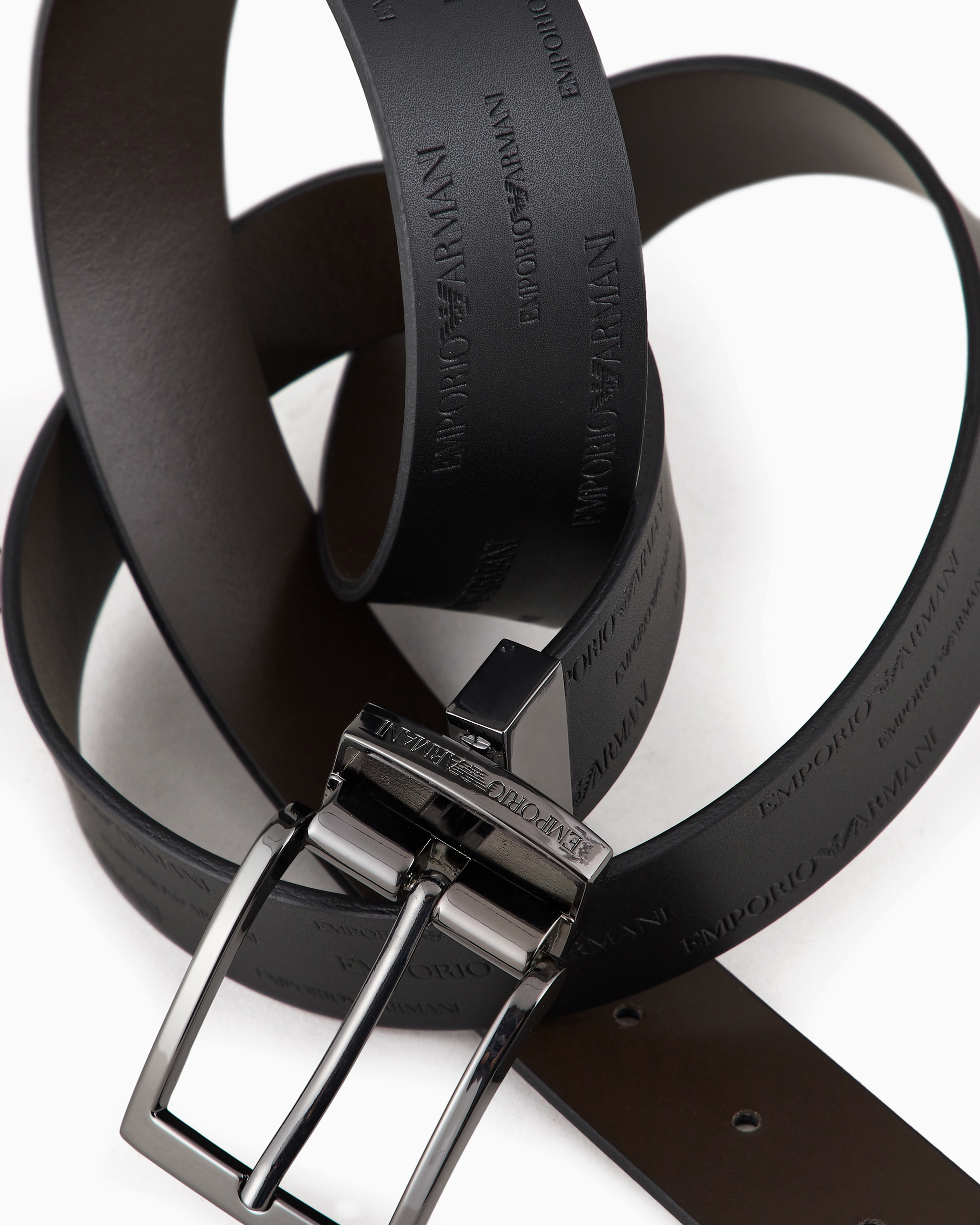 Emporio Armani Official Store Reversible Leather Belt With All-over Embossed Lettering In Black 1