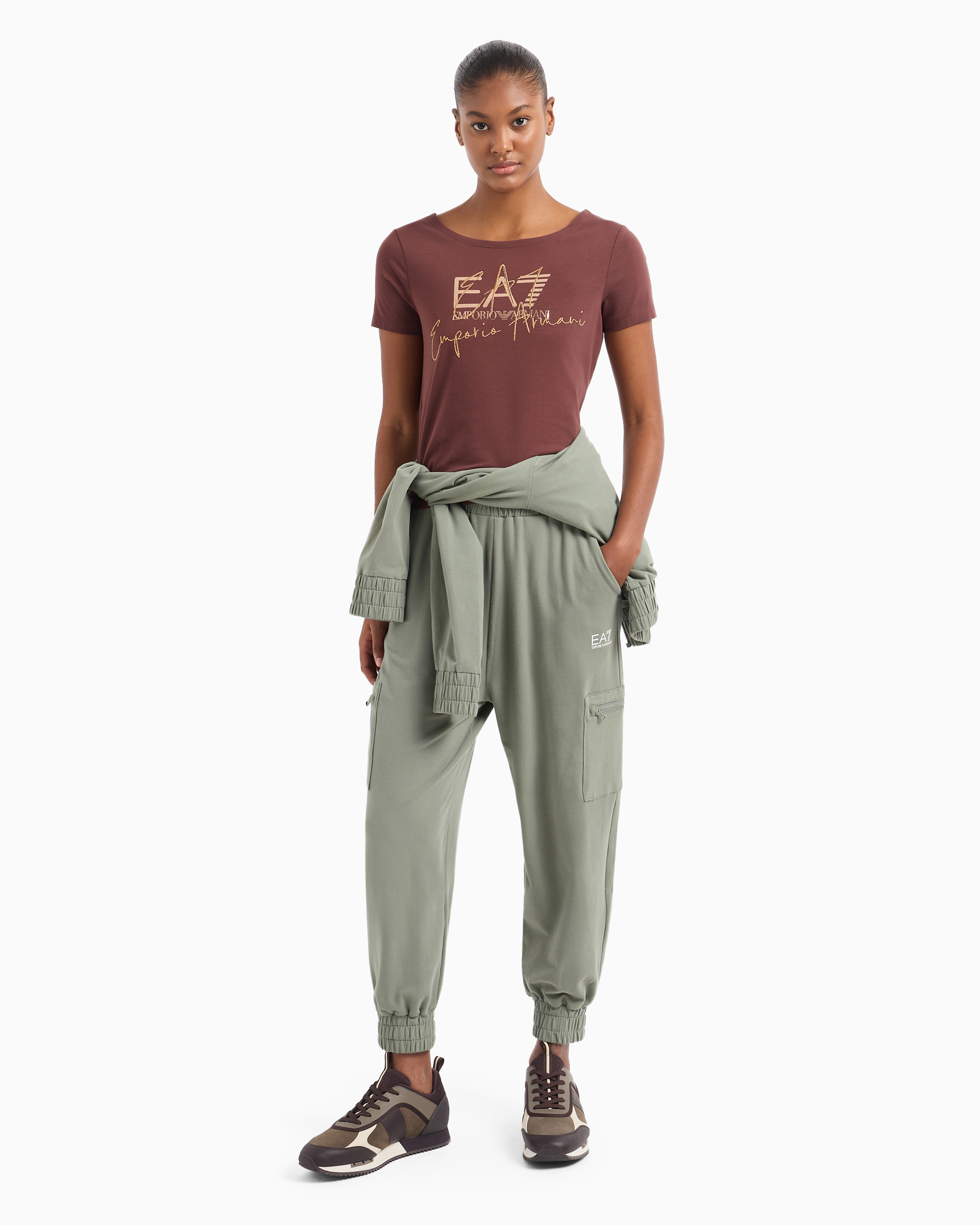 Shop Ea7 Logo Series Stretch-cotton Crew-neck T-shirt In Marron