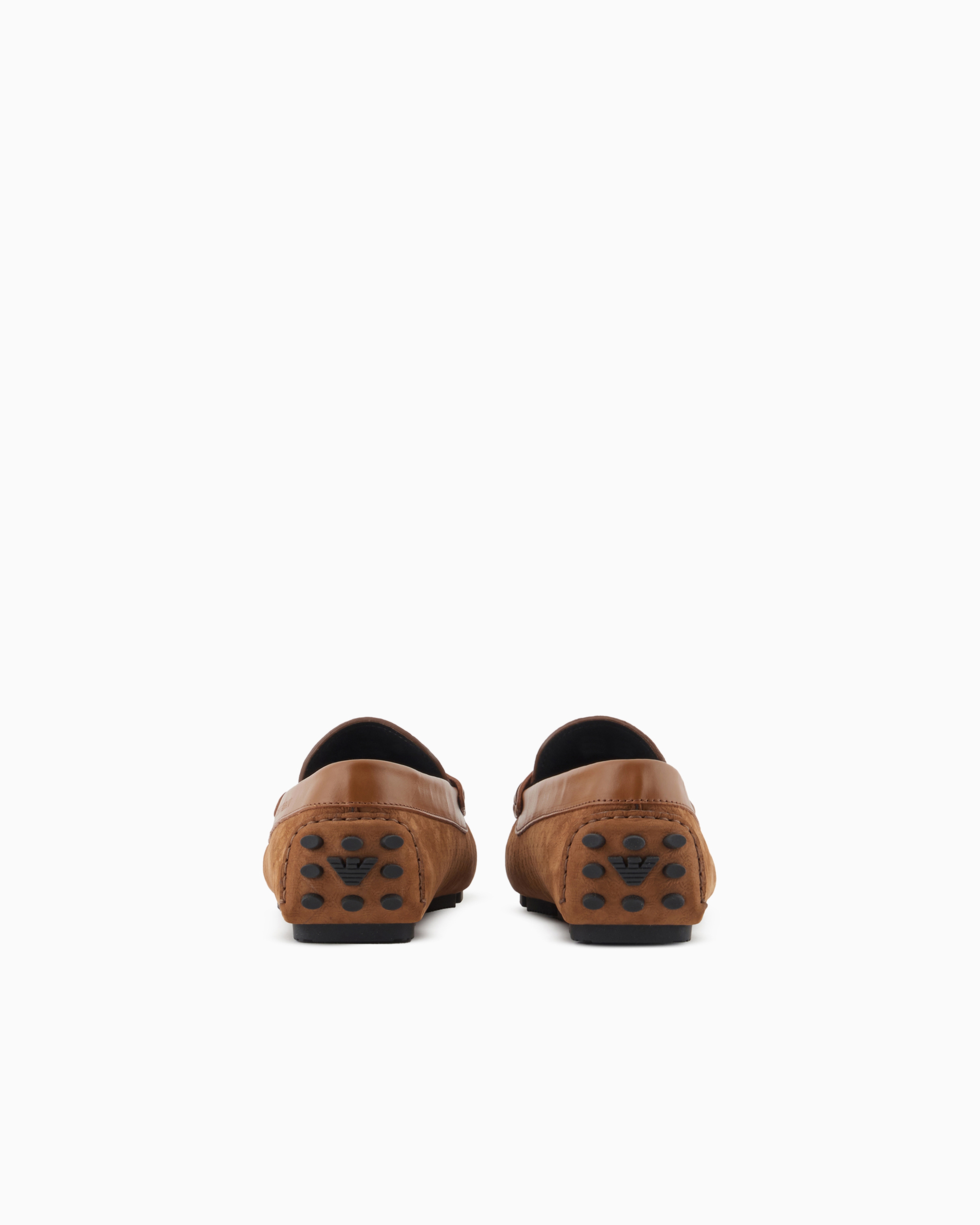 Emporio Armani Official Store Leather Driving Loafers With All-over Embossed Pattern In Brown