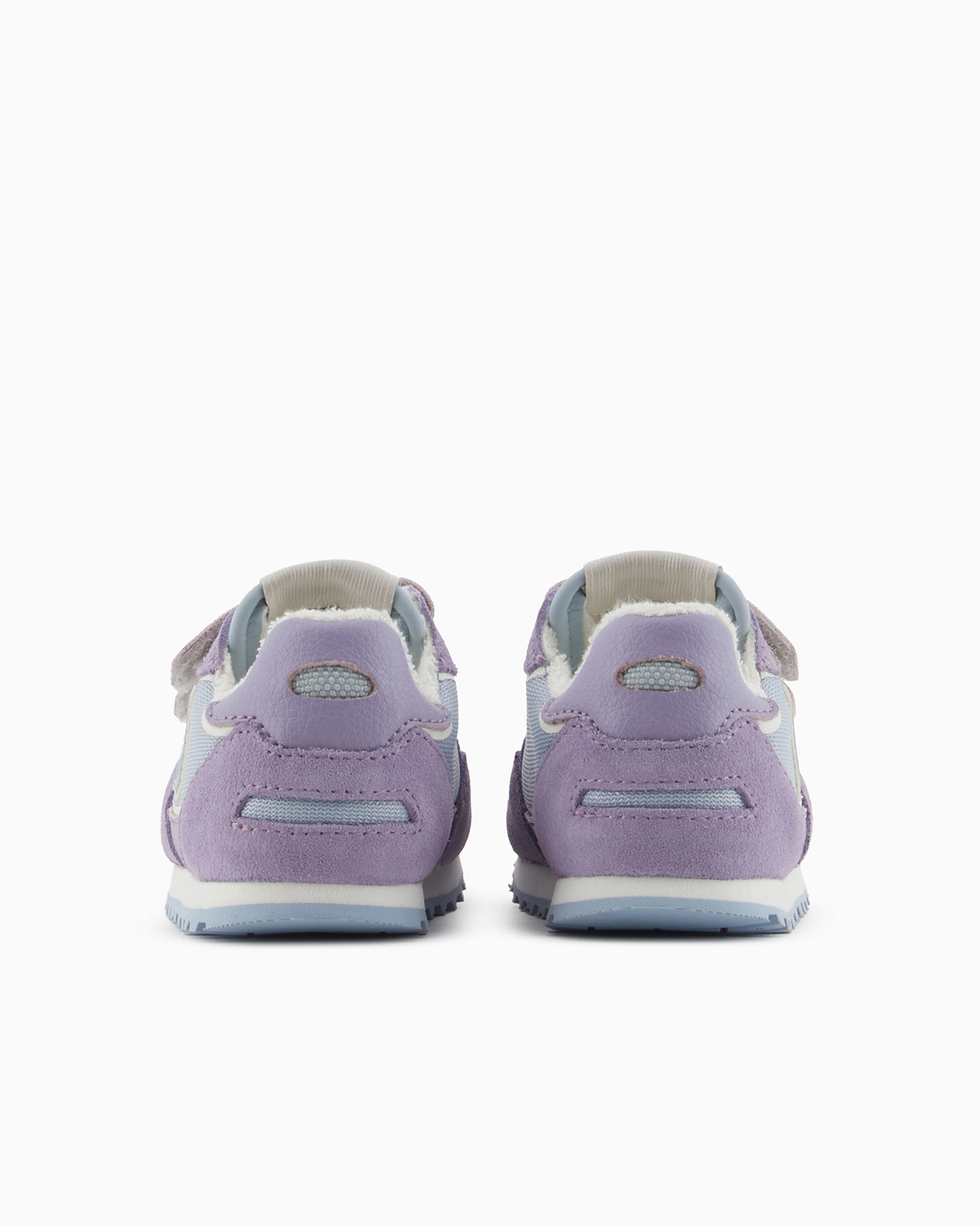 Emporio Armani Official Store Suede And Mesh Sneakers With Eagle And Velcro In Lilla