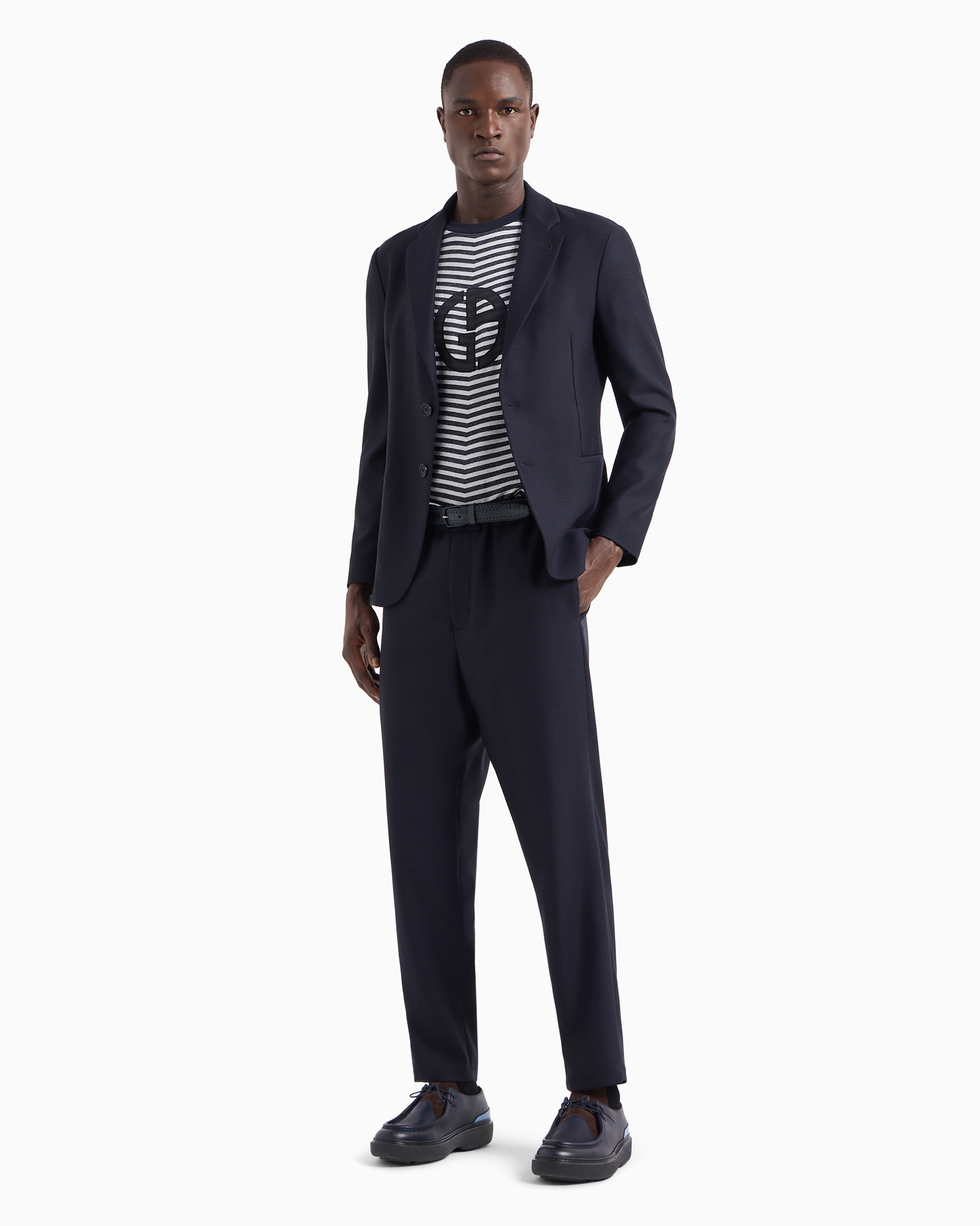 Giorgio Armani Official Store Technical Waffle Flat-front Trousers In Blue