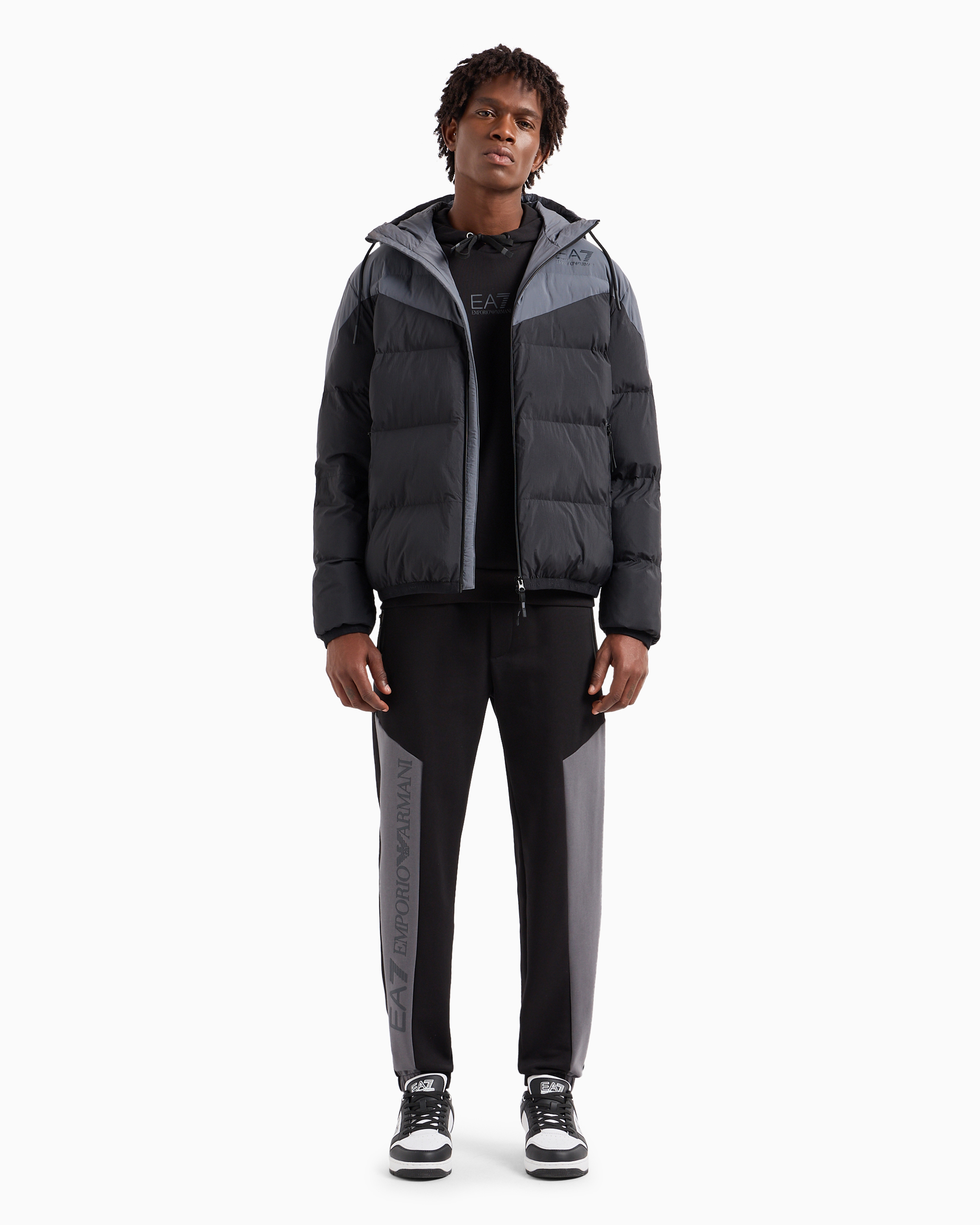 Ea7 Athletic Colour Block Padded Bomber With Hood In Black
