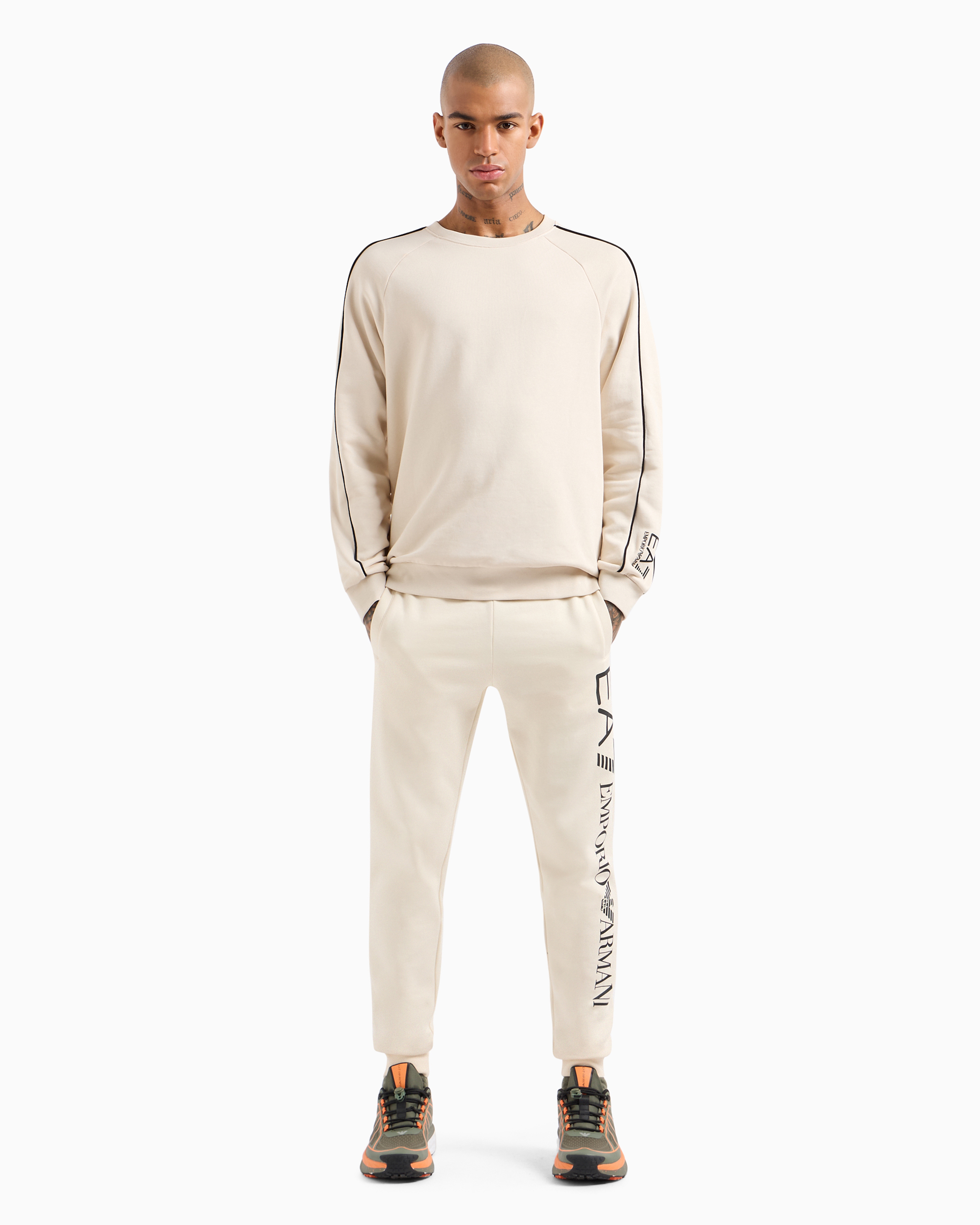 Shop Ea7 Logo Series Cotton Joggers In Beige