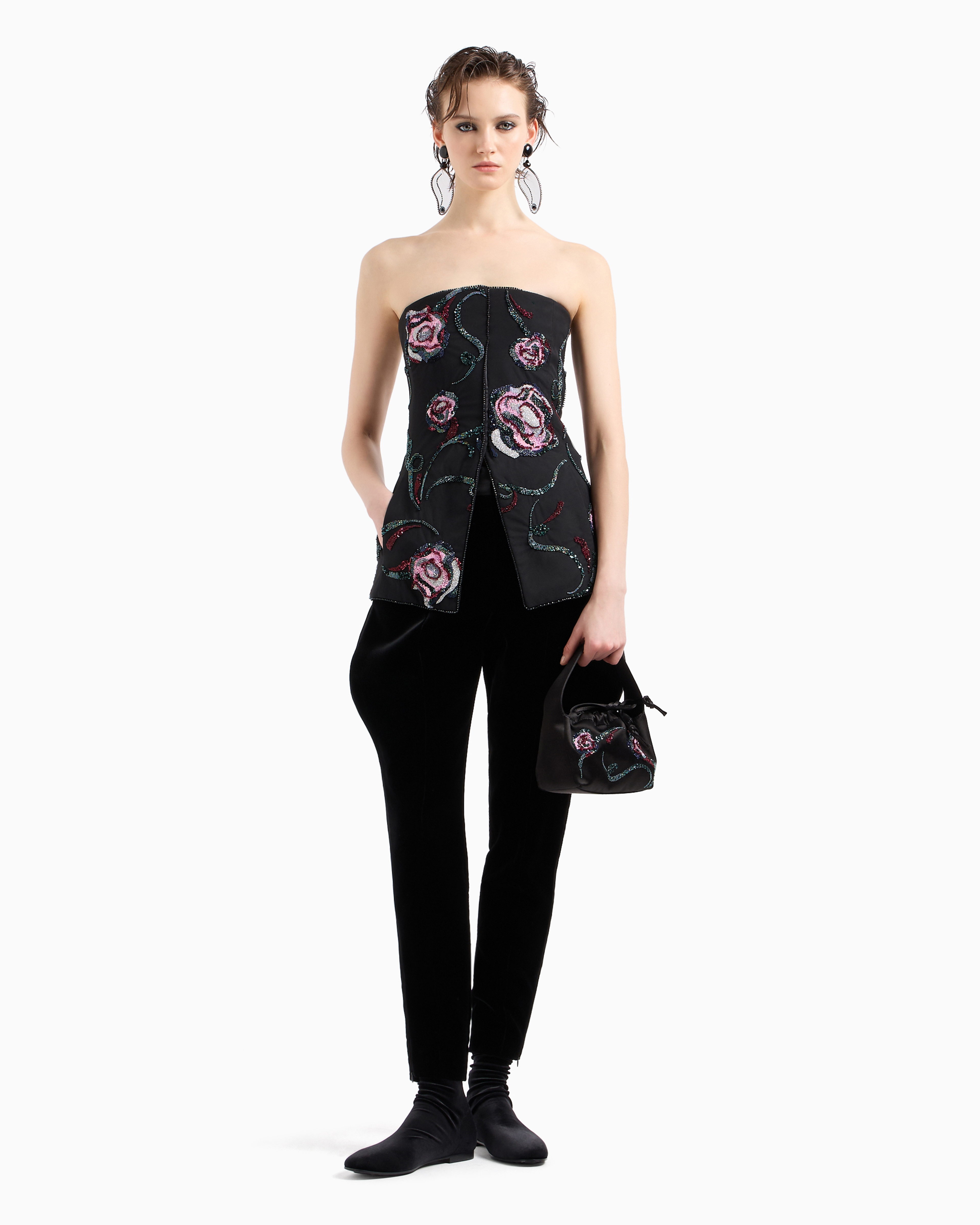 Giorgio Armani Bustier Top With All-over Floral Embroidery In Black
