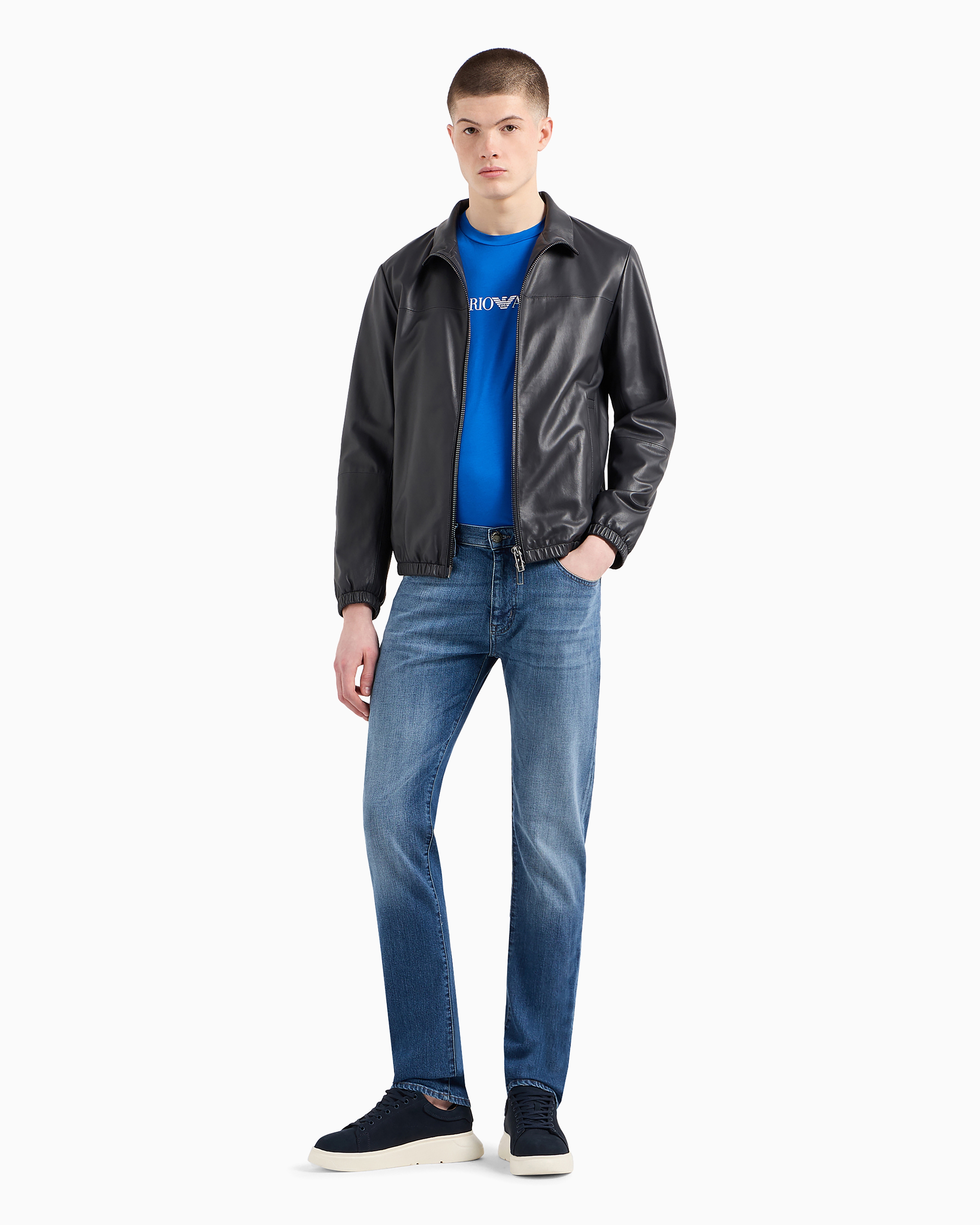 Emporio Armani Semi-aniline Nappa Lambskin Blouson With Full-length Zip In Navy Blue