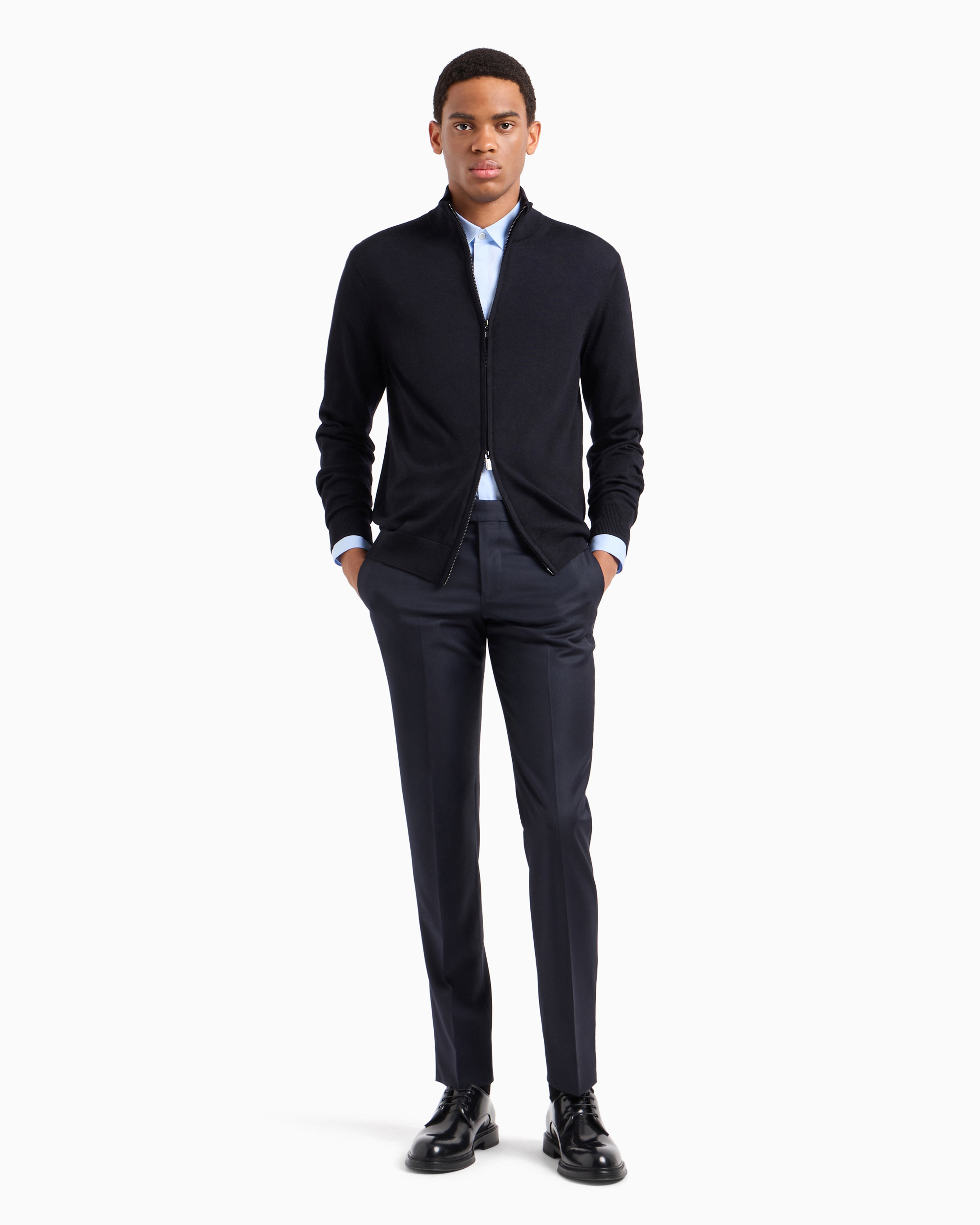 Emporio Armani Virgin-wool Full-zip Cardigan In Navy Blue