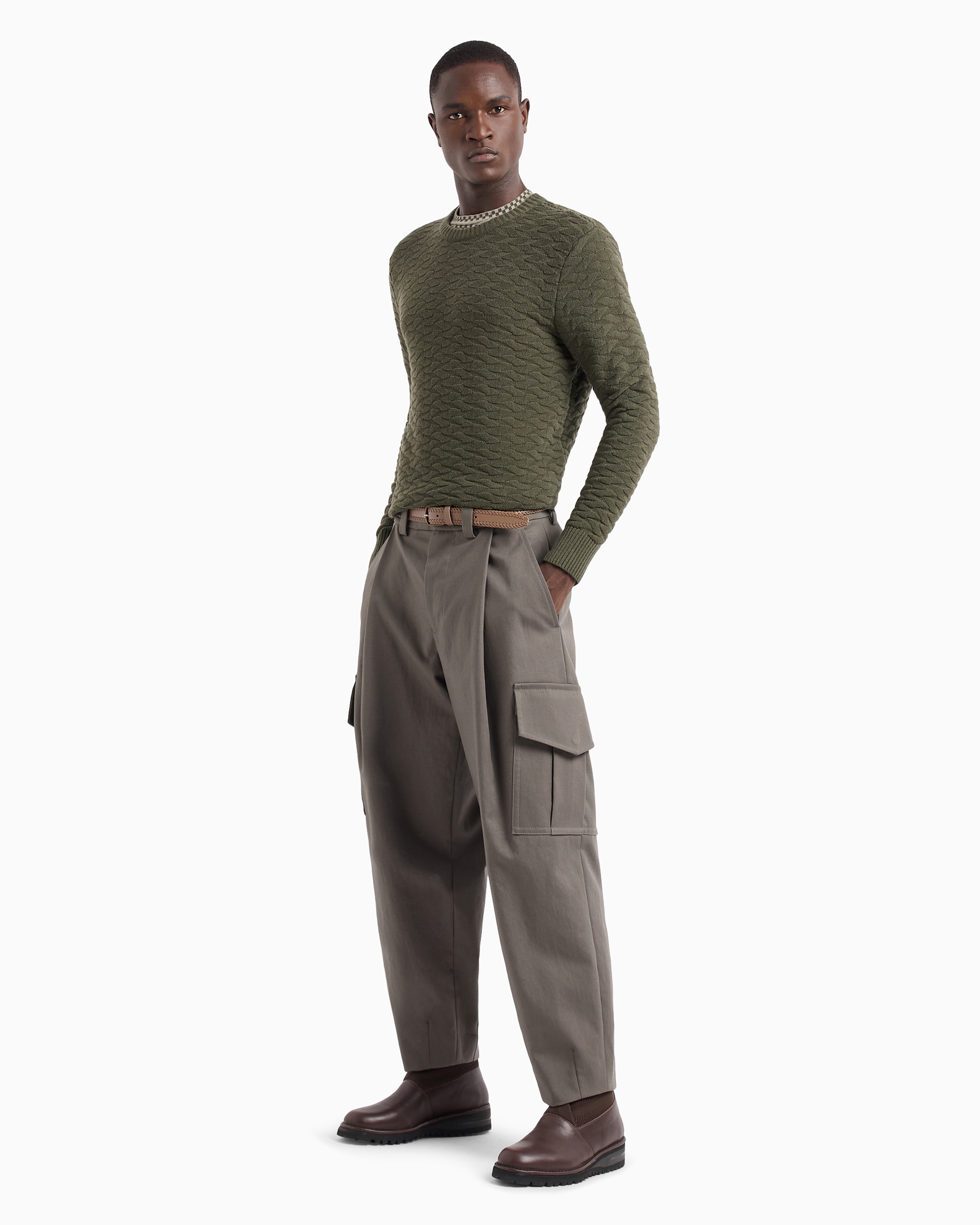 Giorgio Armani Official Store Jacquard Virgin-wool Blend Crew-neck Jumper In Green