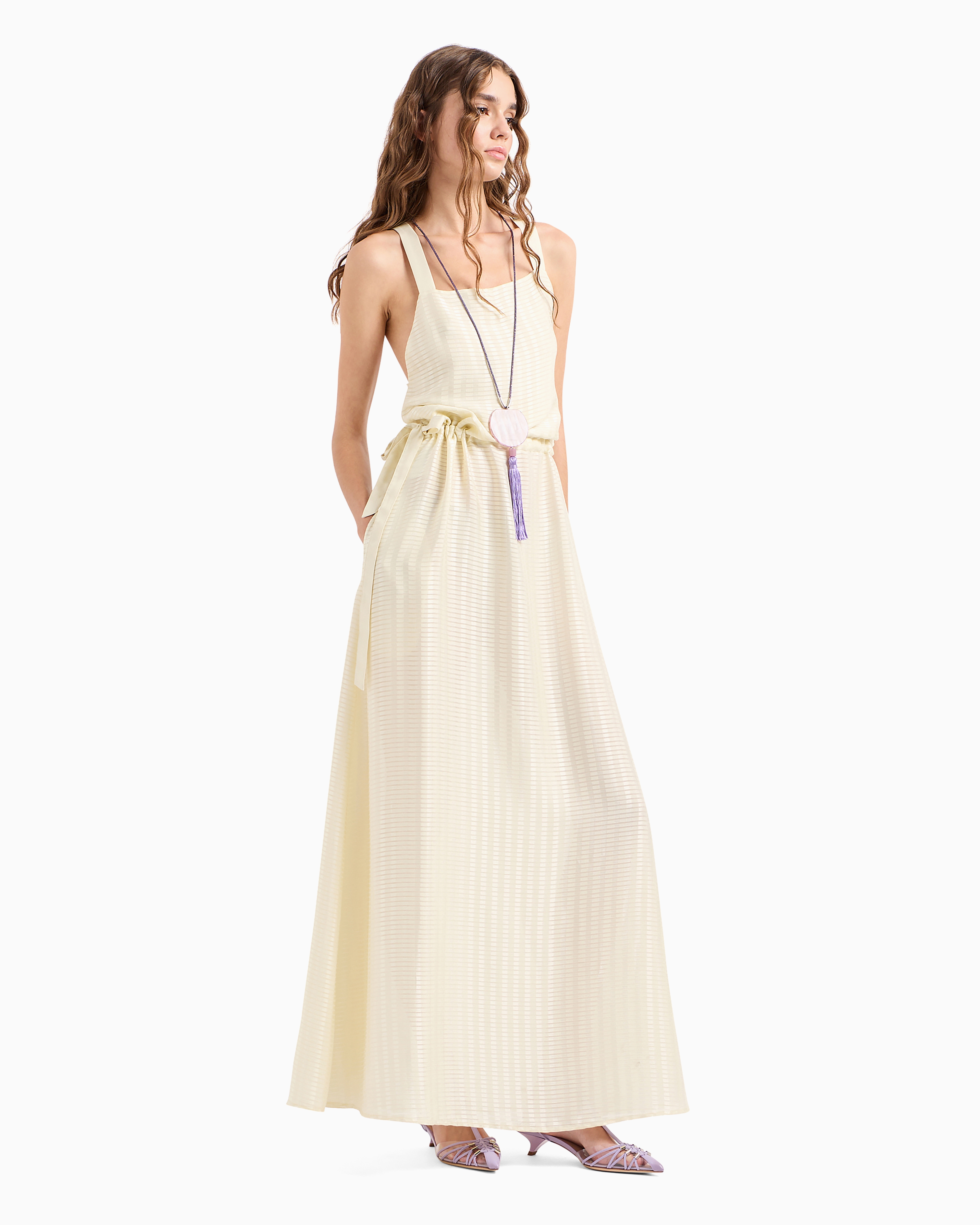 Emporio Armani Official Store Drawstring Dress With Crossover Shoulder Straps And All-over Rectangle Motif In Avorio