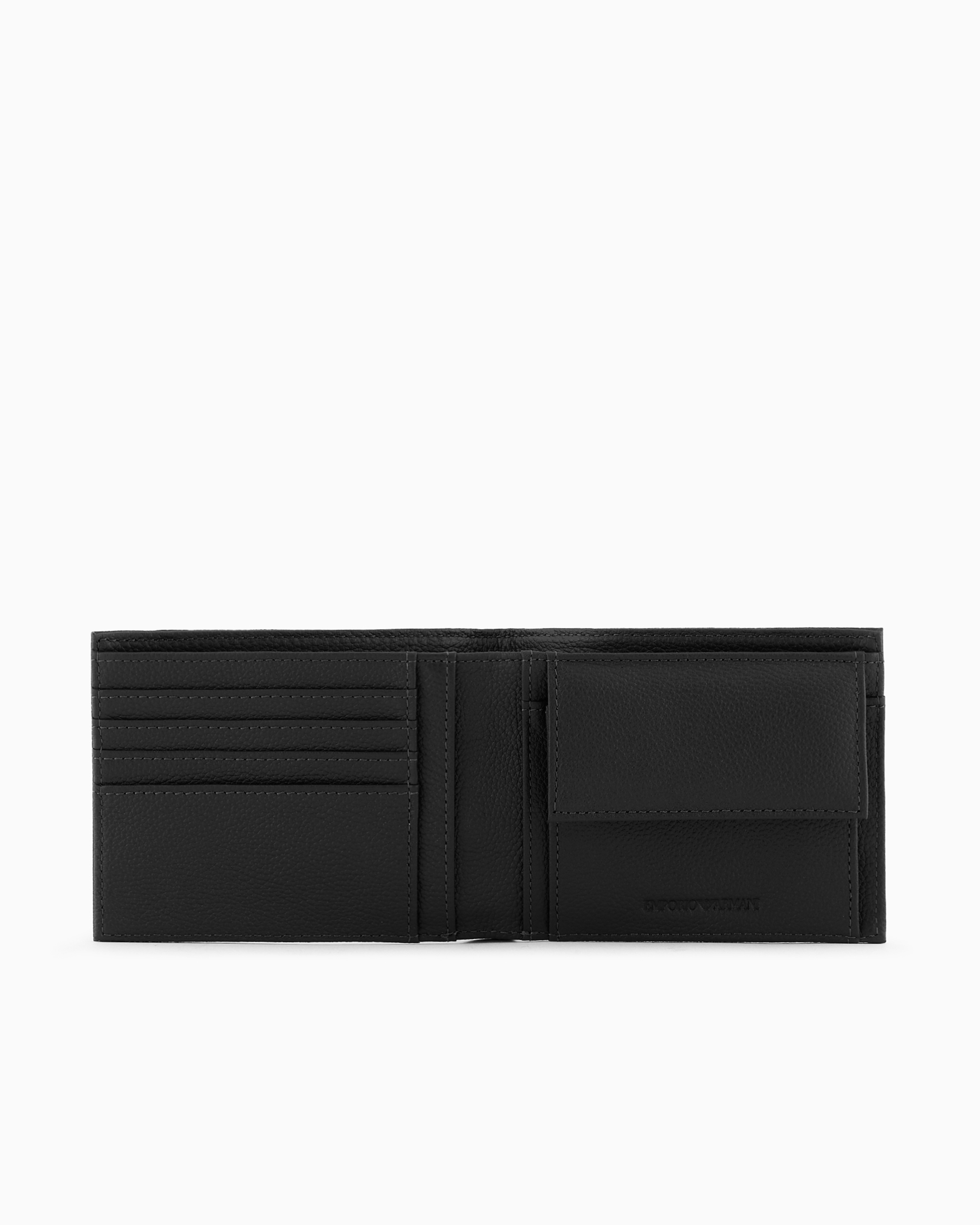 Emporio Armani Official Store Tumbled-leather Bi-fold Wallet With Outer Pocket In Black Logo