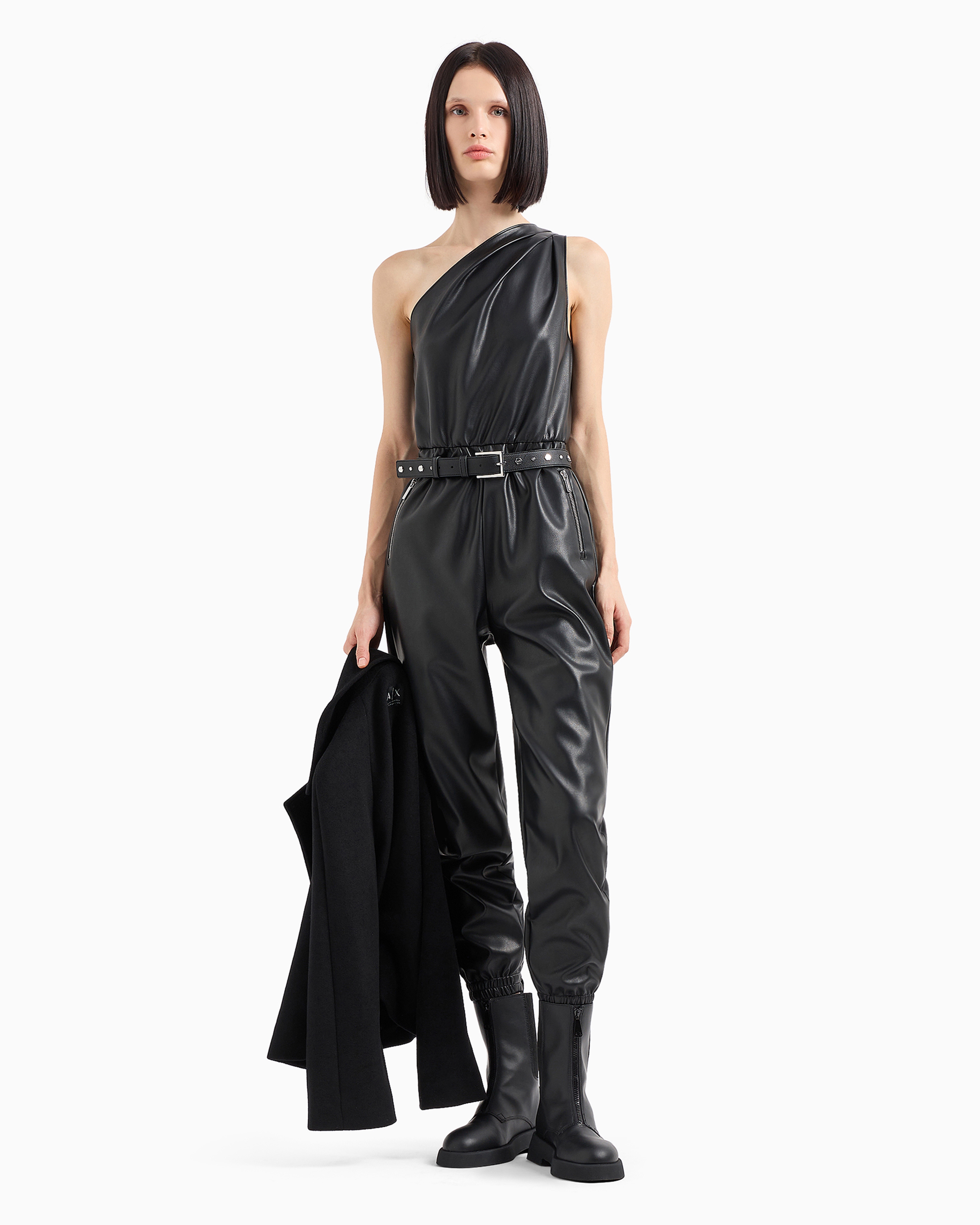 Shop Armani Exchange One-shoulder Suit In Coated Fabric In Black