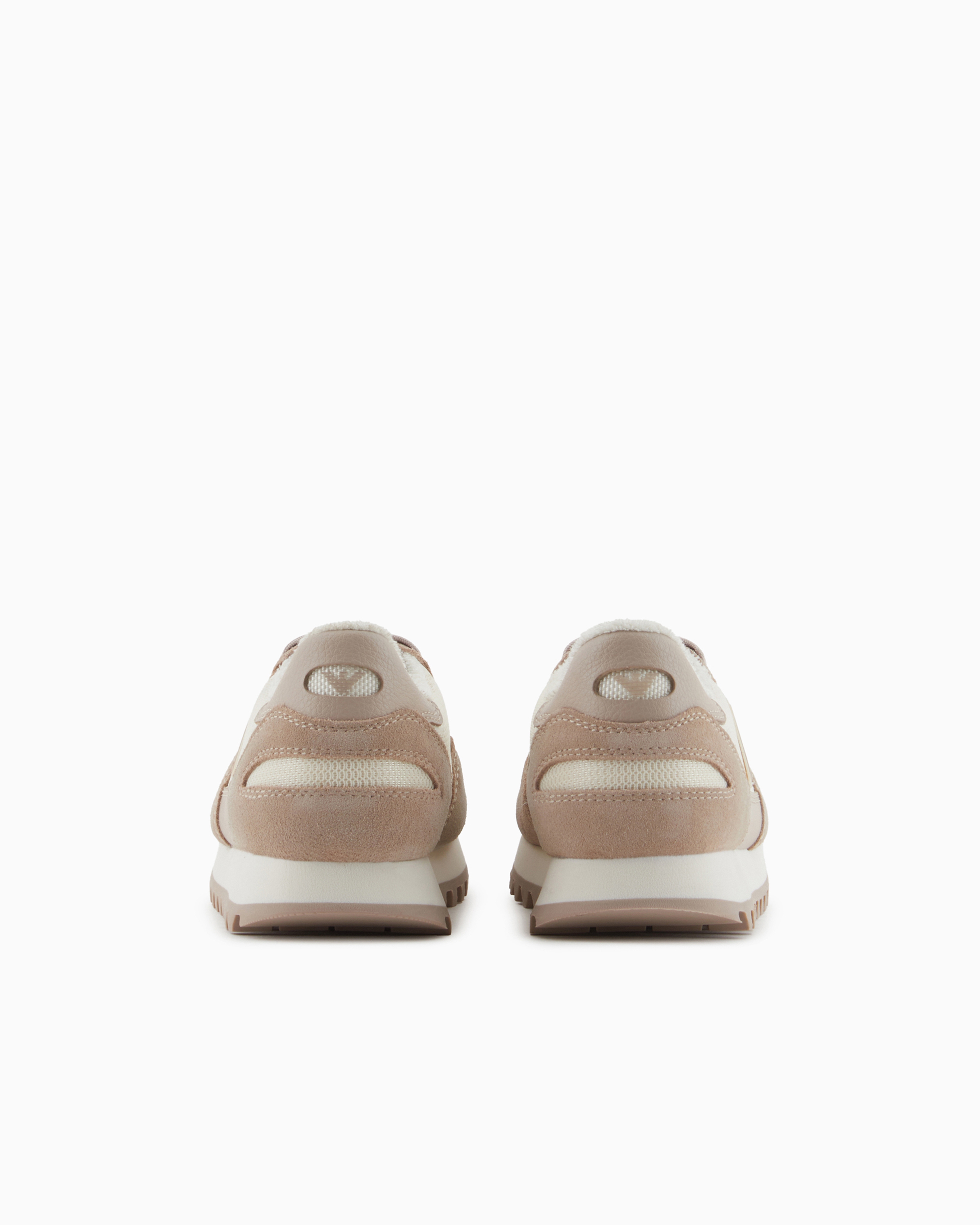 Emporio Armani Official Store Suede And Mesh Sneakers With Eagle In Beige Logo