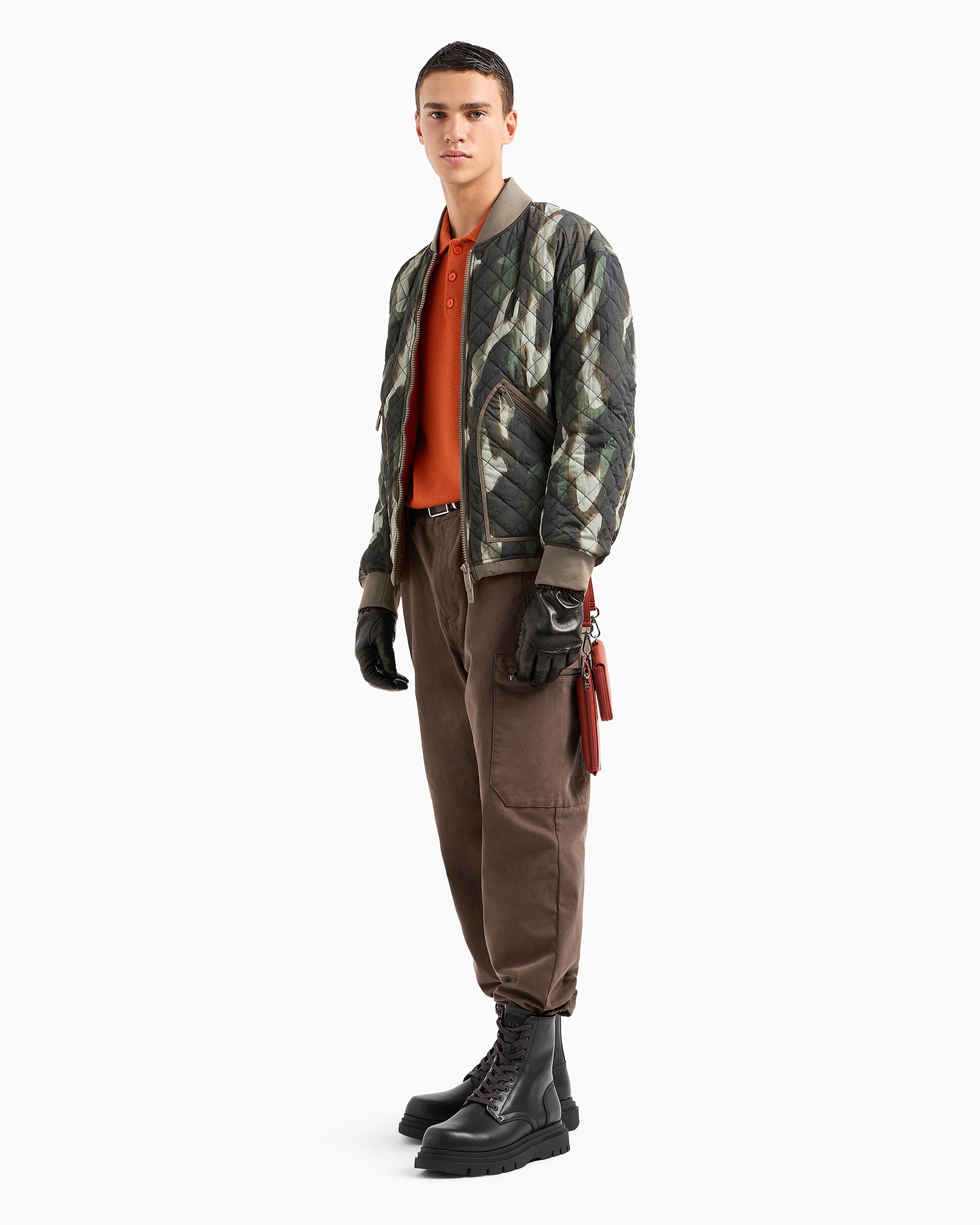 Shop Armani Exchange Bomber Jacket In Crinkle Camouflage Fabric With Contrasting Details In Verde Scuro 1