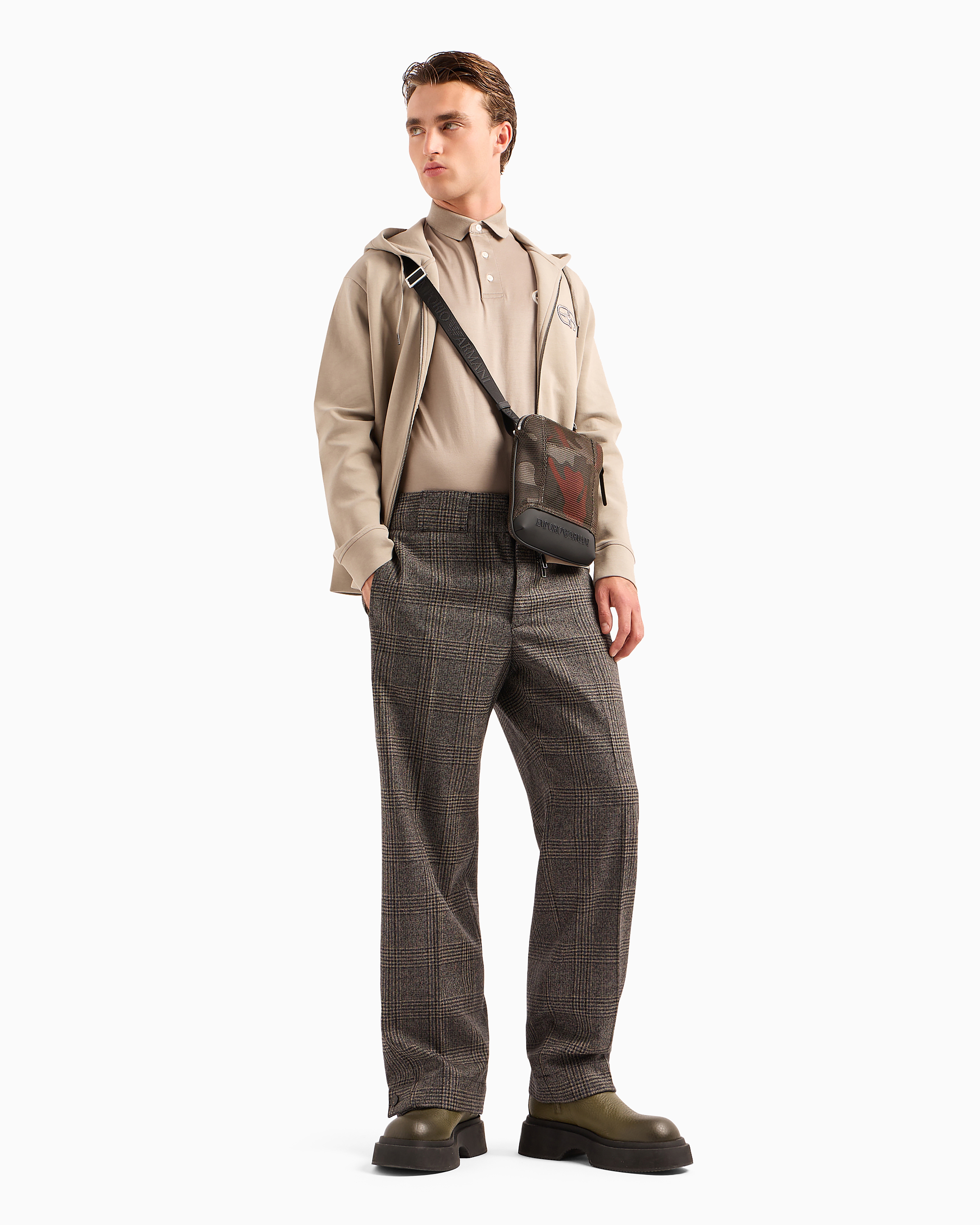 Emporio Armani Double-jersey Zip-up Hooded Sweatshirt With Embossed, Embroidered Ea Logo In Beige