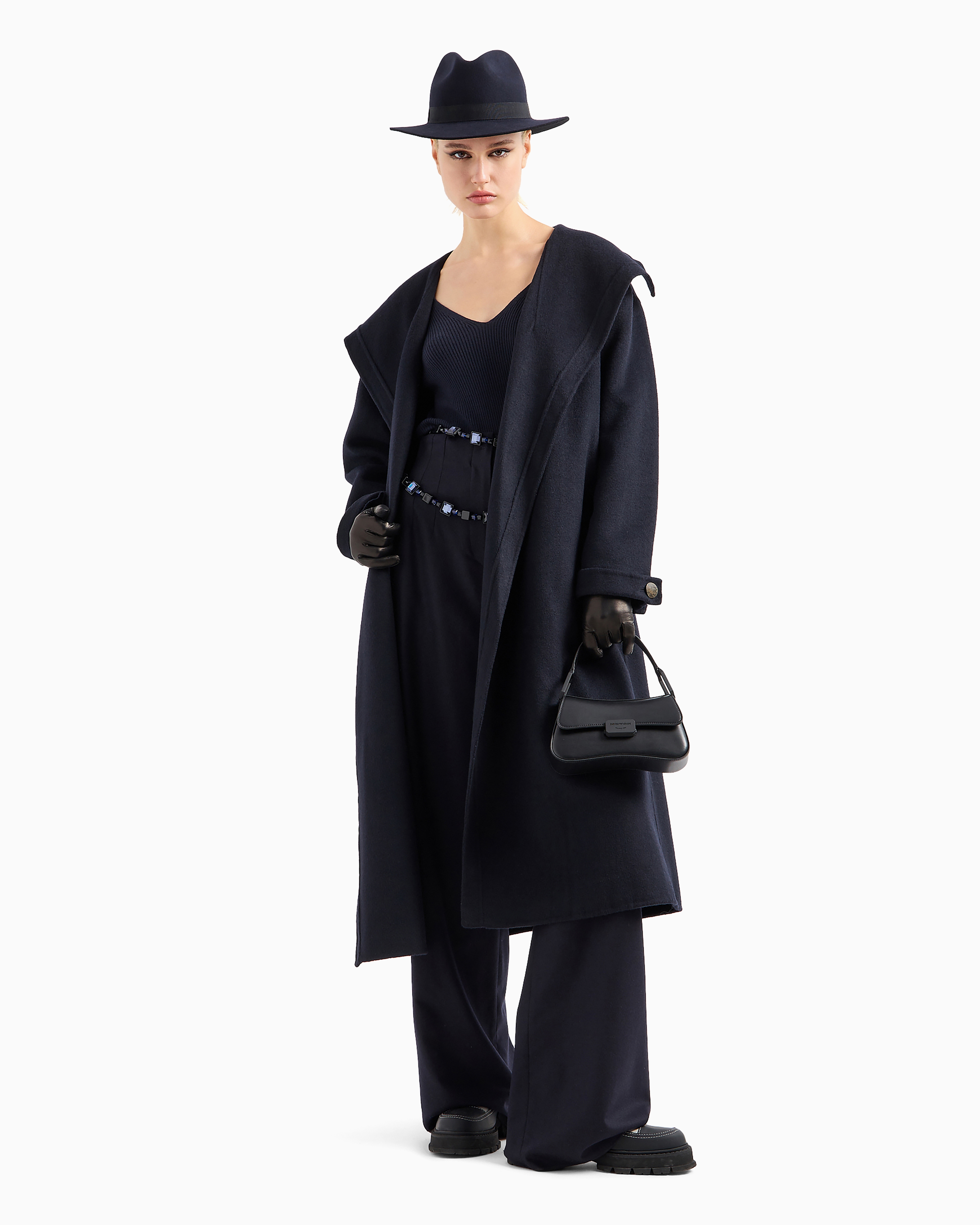 Emporio Armani Official Store Compact Double Wool-blend Robe Coat In Navy Blue