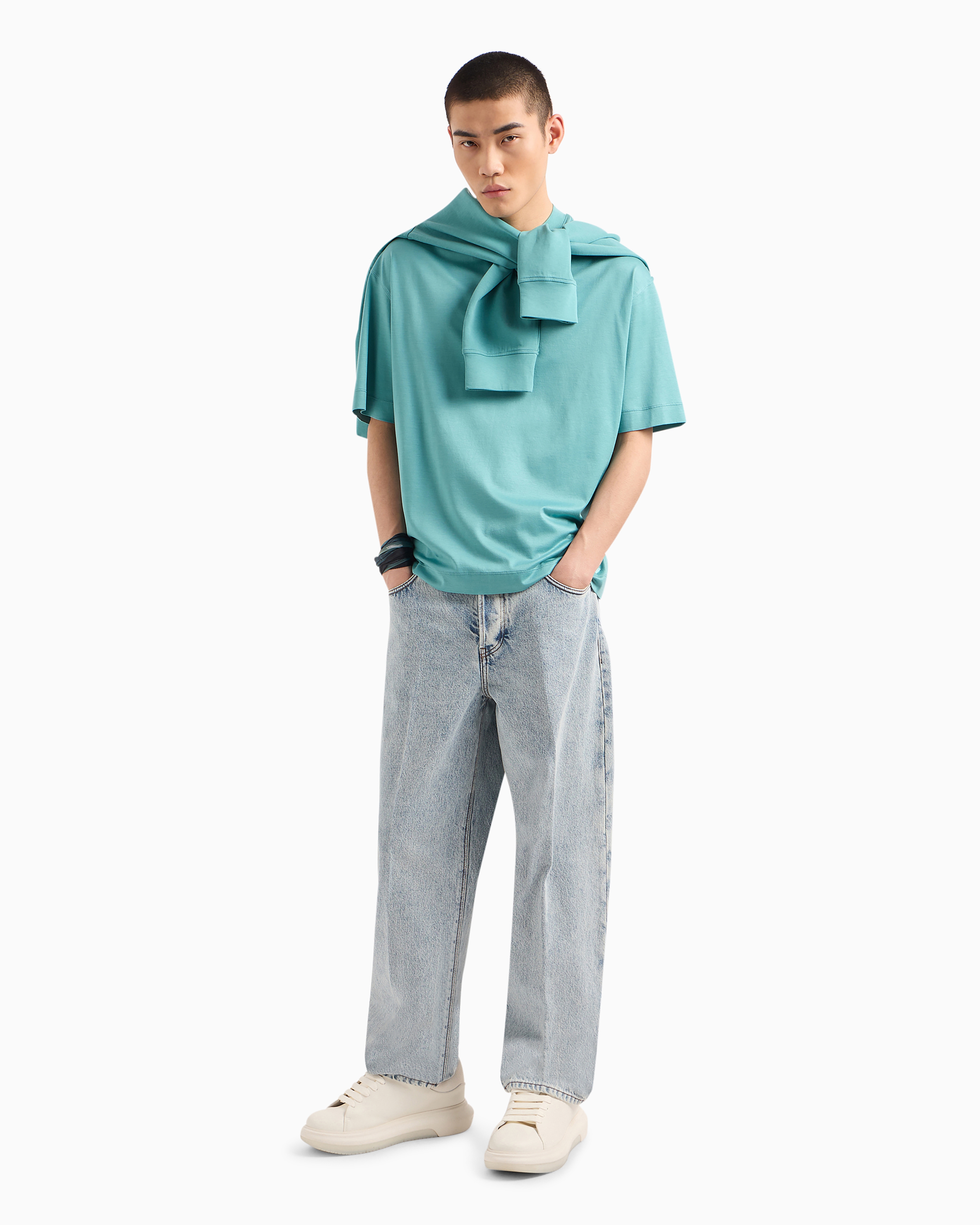 Emporio Armani Official Store J74 Loose-fit Marbled Denim Jeans In Light Blue
