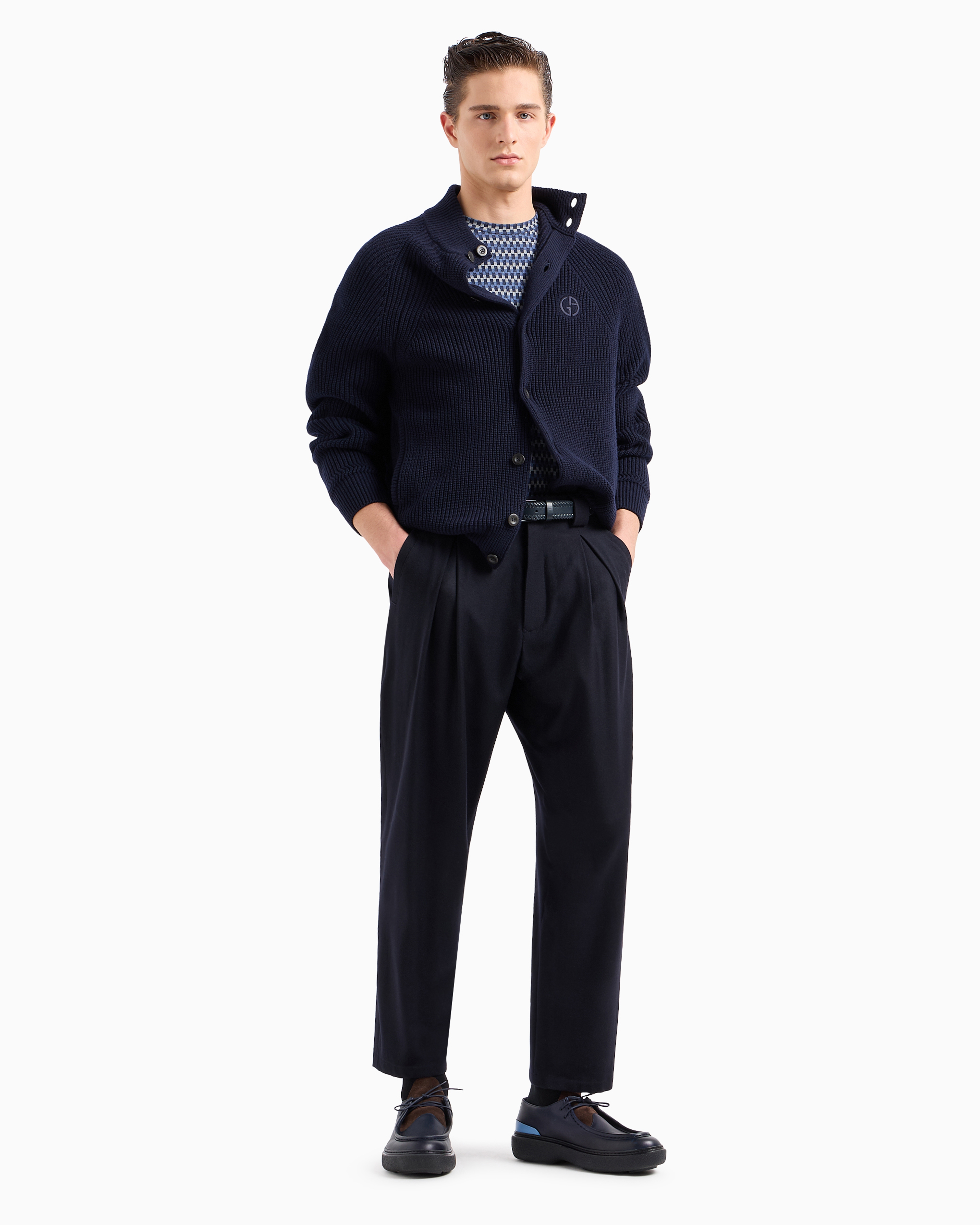 Shop Giorgio Armani Virgin Wool And Cashmere Blouson In A Half Fisherman's Rib Knit In Blue